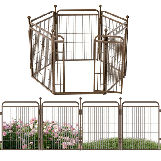 32 in(H) Decorative Garden Fence Outdoor for Yard with Gates,Heavy Duty Iron 6 Panels Total 13ft(L) Anti Dig Fence with Gravity Automatic Lock for Indoor/Outdoor Decorative Dog Fence,Brown