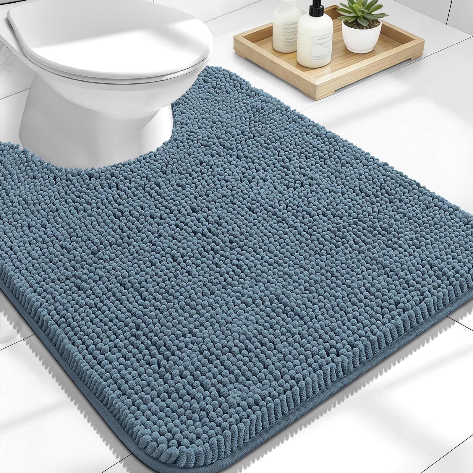 OLANLY Toilet Rugs U-Shaped 24x20, Extra Soft Absorbent Chenille Contour Bathroom Rugs for Toilet, Dry Quickly, Machine Washable, Non-Slip Bath Mat, Light Grey