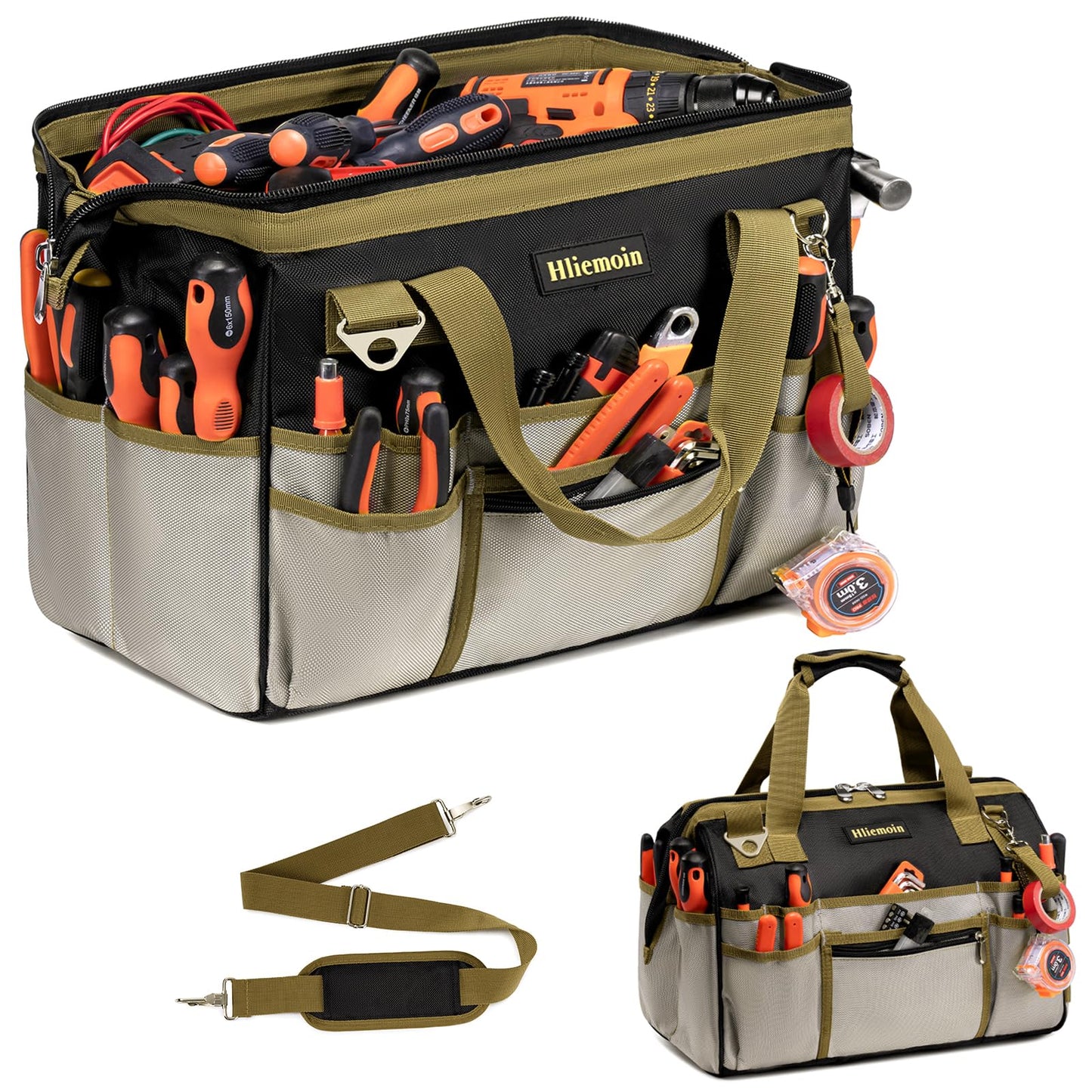 16.5-Inch Heavy Duty Tool Bags for Men, 32-Pocket Large Tool Organizer Storage, 1680D Oxford Tool Bag with Adjustable Shoulder Straps, Tool Storage Bag for HVAC, Electrician, Carpenter, Mechanic