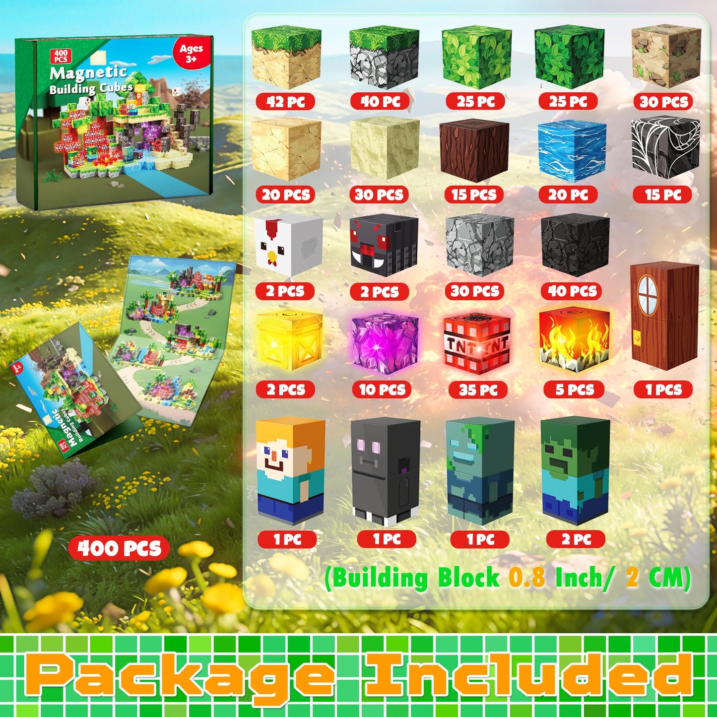 400 PCS Magnetic Blocks with Light Up Blocks - Magnetic Building Blocks, Magnetic Construction Cube Toys, STEM Sensory Learning Toys, Easter Christmas Birthday Gifts for Toddlers Boys and Girls Age 3+