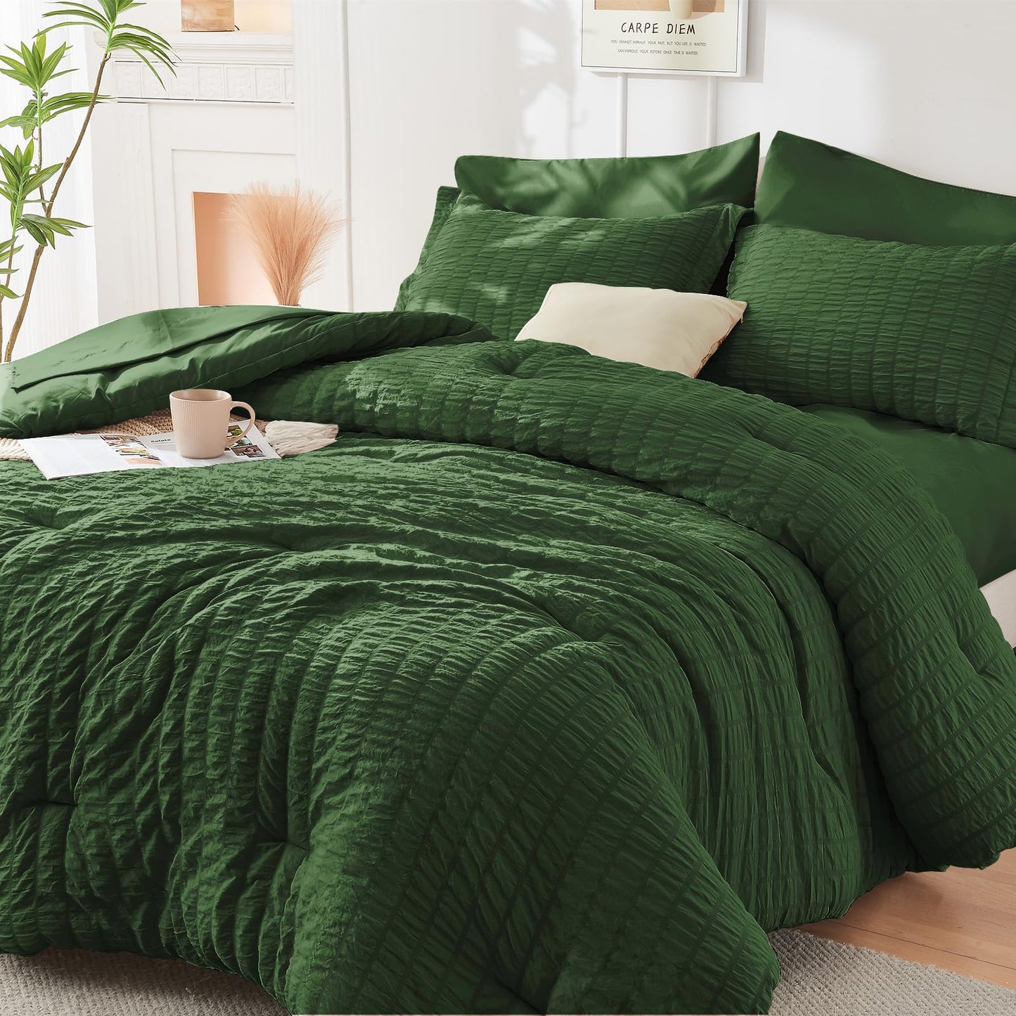 HYMOKEGE Black California King Comforter Set Seersucker 7 Pieces, All Season Luxury Bed in a Bag for Bedroom, Bedding Set with Comforters, Sheets, Pillowcases & Shams