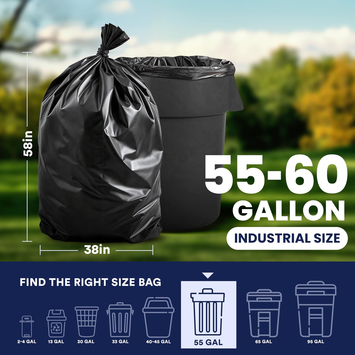 Plasticplace 55-60 Gallon Trash Bags, Heavy Duty, Black Garbage Can Liners, Puncture-Resistant Star Seal, 38" x 58", 100 Count for Warehouse, Kitchen, and Outdoor Use 1.5 Mil