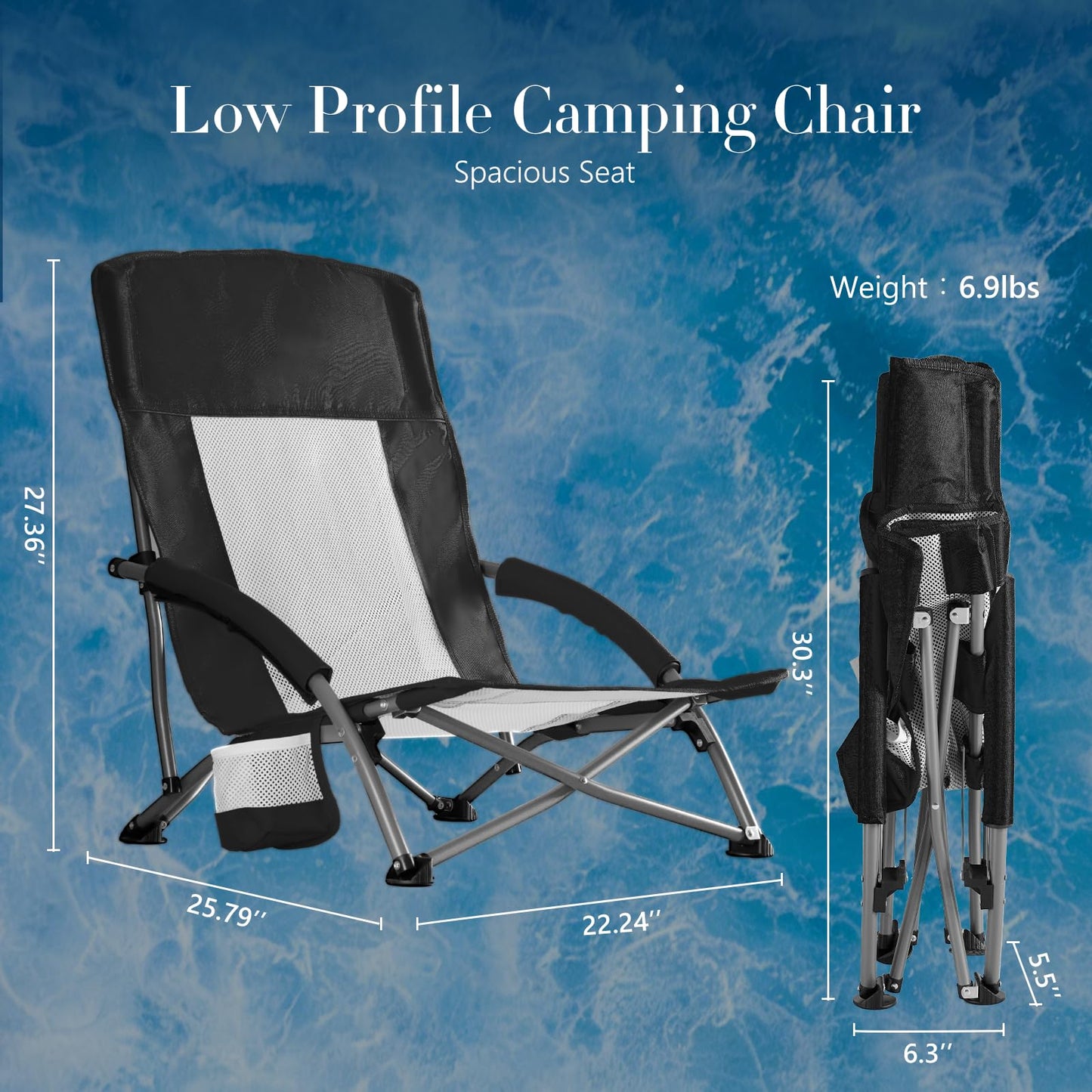 DUMOS Folding Camping Beach Chair, Lightweight Low Portable Beach Chair with Cup Holder, Storage Pocket, Breeze Mesh Back, Padded Armrests, Low Profile Chair for Camp, Picnic, Lawn, Sand, Black