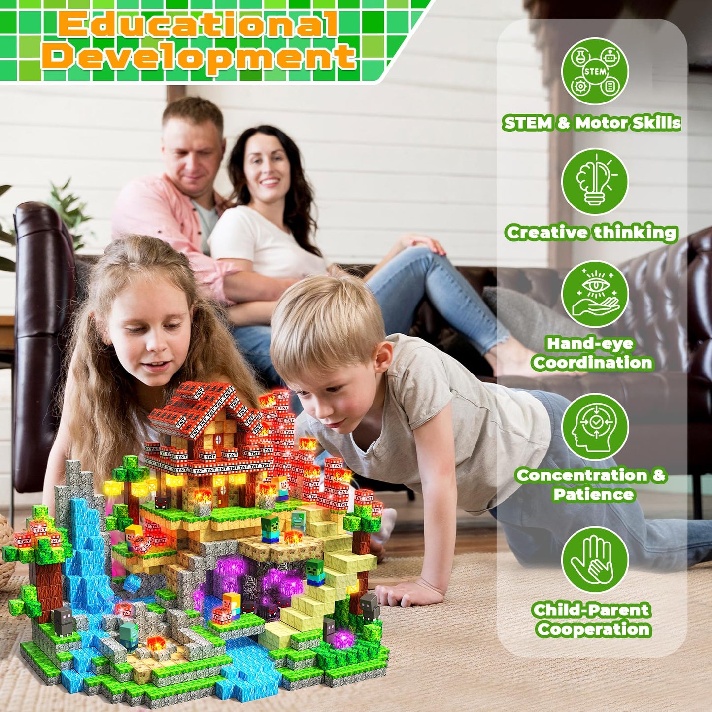 400 PCS Magnetic Blocks with Light Up Blocks - Magnetic Building Blocks, Magnetic Construction Cube Toys, STEM Sensory Learning Toys, Easter Christmas Birthday Gifts for Toddlers Boys and Girls Age 3+