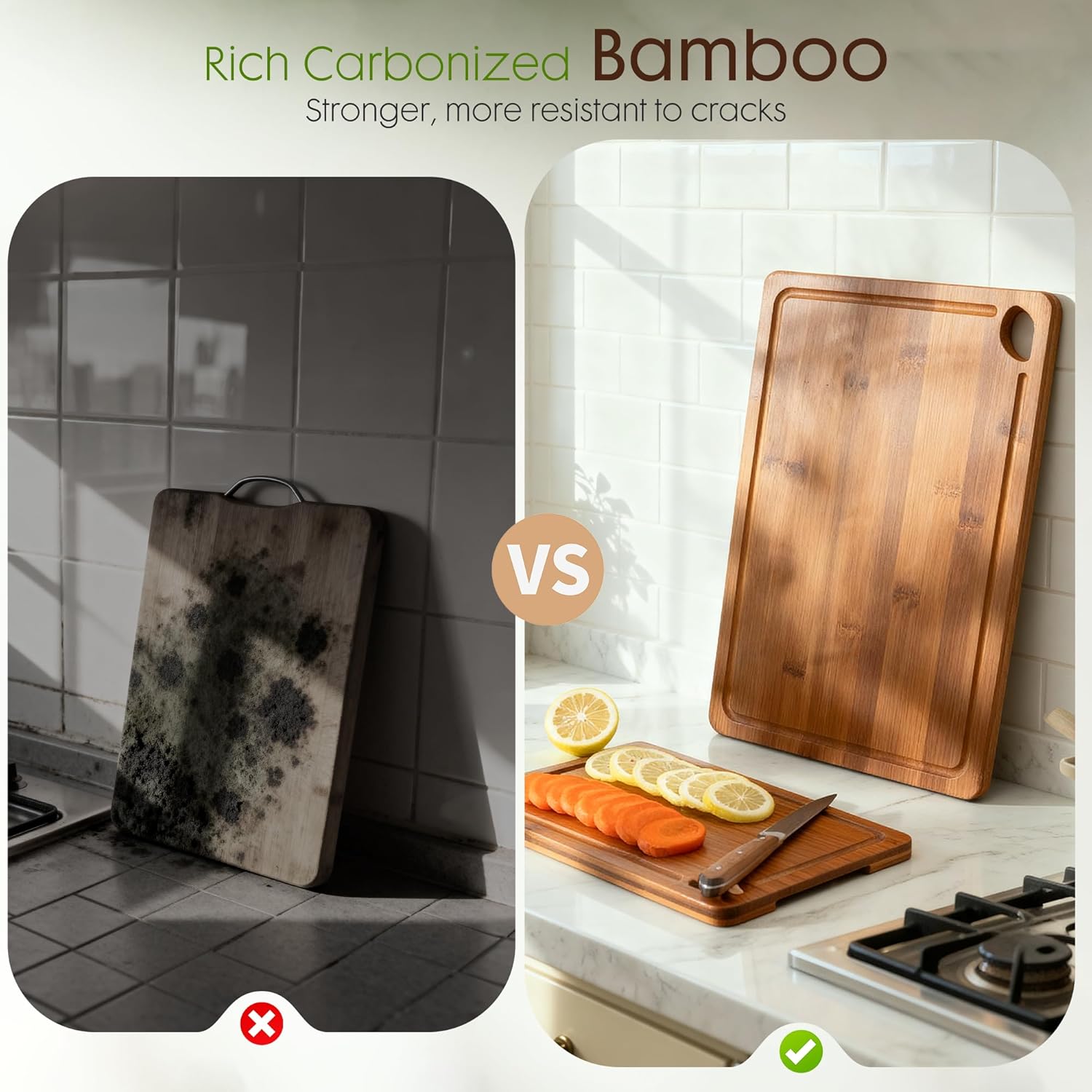 Astercook Deep-Carbonized Bamboo Cutting Boards for Kitchen with Wood Storage Stand, Reversible Charcuterie & Chopping Boards with Juice Grooves and Easy-Grip Handles, Fathers Day Gift for Men