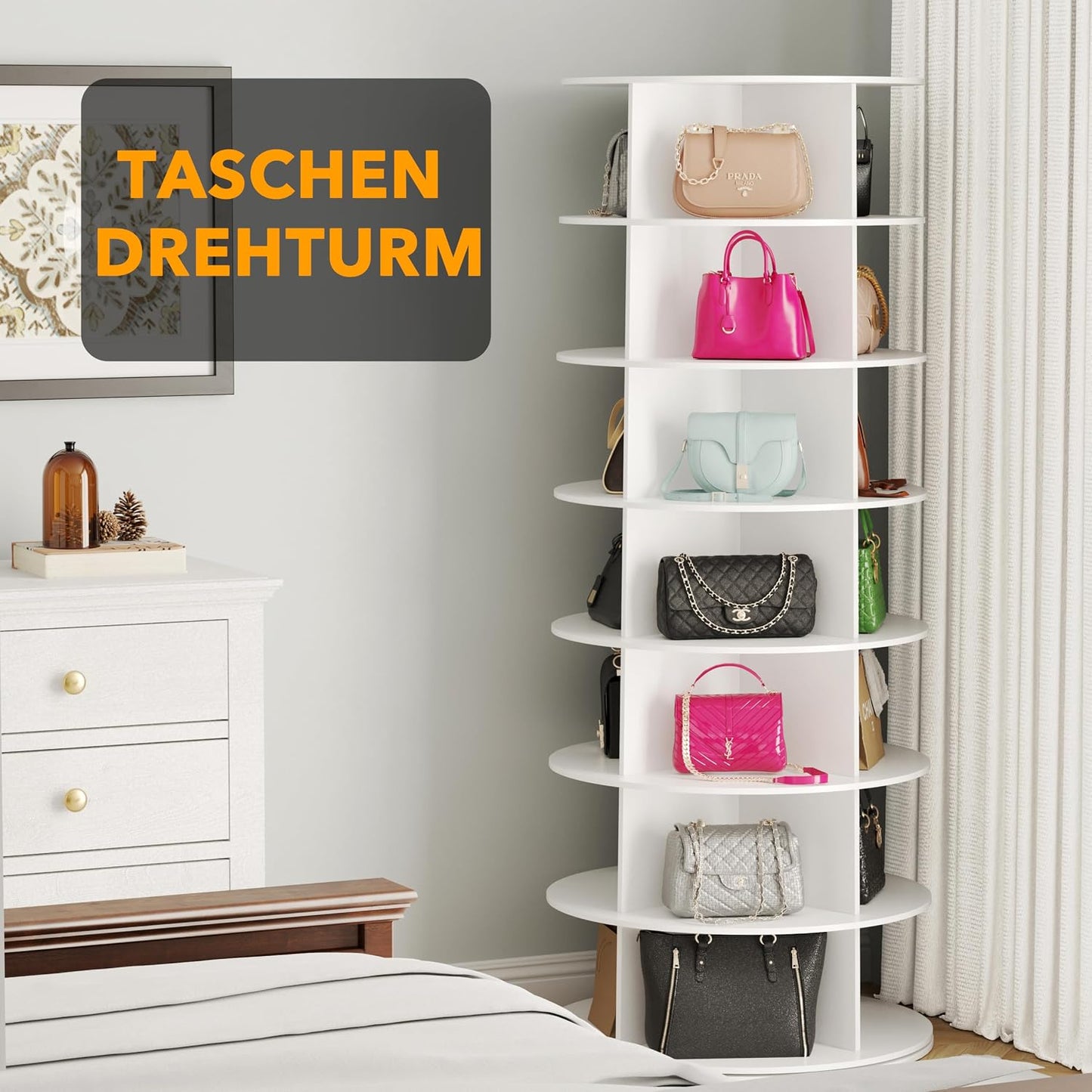 SpaceAid 7 Tier Rotating Shoe Rack Tower, Spinning Shoe Display Lazy Susan, Revolving 360 Shoe Rack Storage Round Carousel, Vertical Handbag Rotate Shoes Closet Organization (7-Tier White)