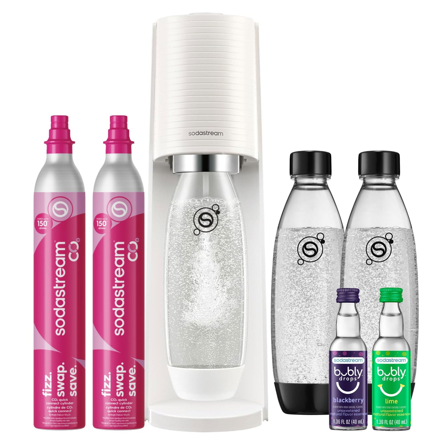 SodaStream TERRA Sparkling Water Maker, Value Bundle, CQC CO2 System, Includes 2 Quick Connect 60L CO2 Cylinders, 3 Dishwasher Safe BPA Free Bottles, 2 bubly Flavor Drops, Make your own Pepsi, Black