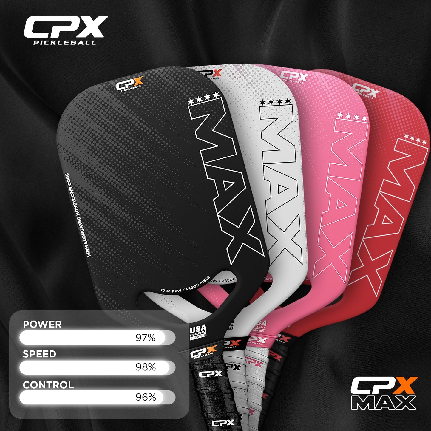 CPX MAX Series Raw Carbon Fiber T700 Pickleball Elongated Paddle Racket - Professional Grade, 14mm Core Thickness, Comfortable Tennis Style Grip - Durable Pickleball Paddle Designed in Chicago, USA