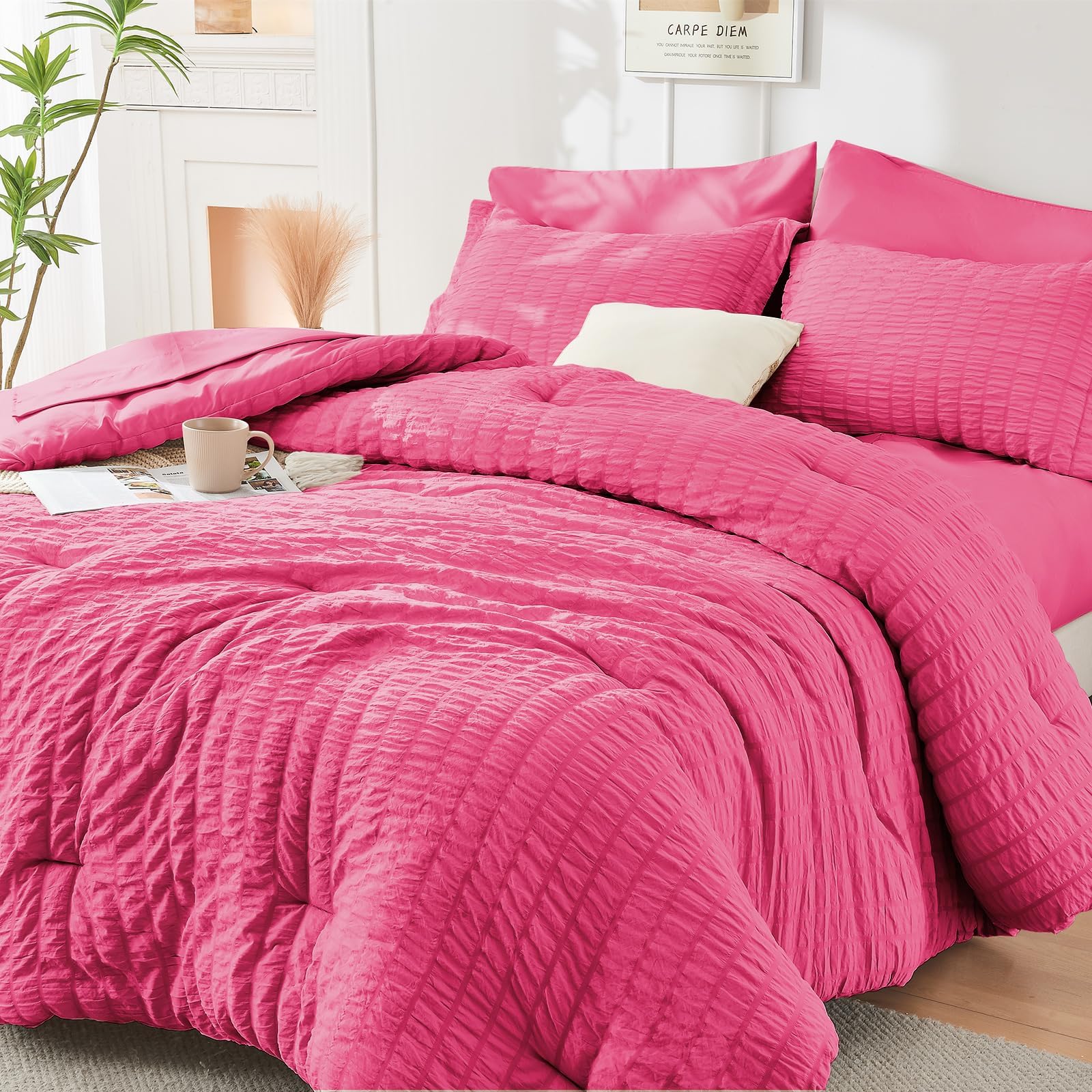 HYMOKEGE Black California King Comforter Set Seersucker 7 Pieces, All Season Luxury Bed in a Bag for Bedroom, Bedding Set with Comforters, Sheets, Pillowcases & Shams