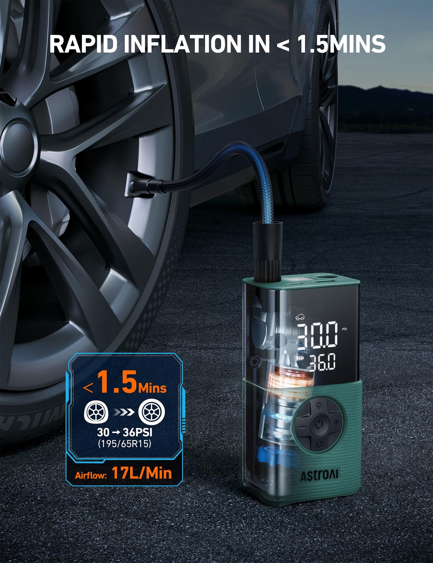 AstroAI L7S Tire Inflator Portable Air Compressor Cordless with Digital Pressure Gauge, 150 PSI LED Light Bike Air Pump with Fast Inflation & Auto Shut-Off for Car Tires,Motorcycles,Bikes,Balls,Green
