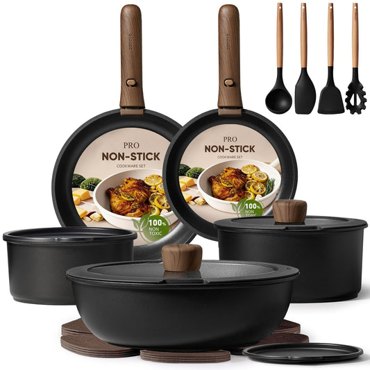 CAROTE 19pcs Pots and Pans Non Stick, Cookware Sets Detachable Handle, Induction Kitchen Pots and Pans,NonStick Cooking Set, Oven/Dishwasher/Fridge Safe, Space Saving