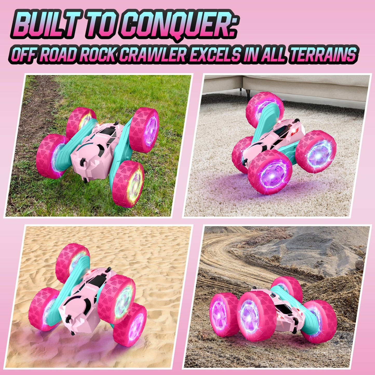 Hamdol Pink Remote Control Car for Girls, Double Sided with Shining Headlights & Wheel Lights, Girl Princess Toys, Rechargeable Toy Car for 6-7 6-8 9 10-12 Year Old Girls Birthday, Valentines Gift