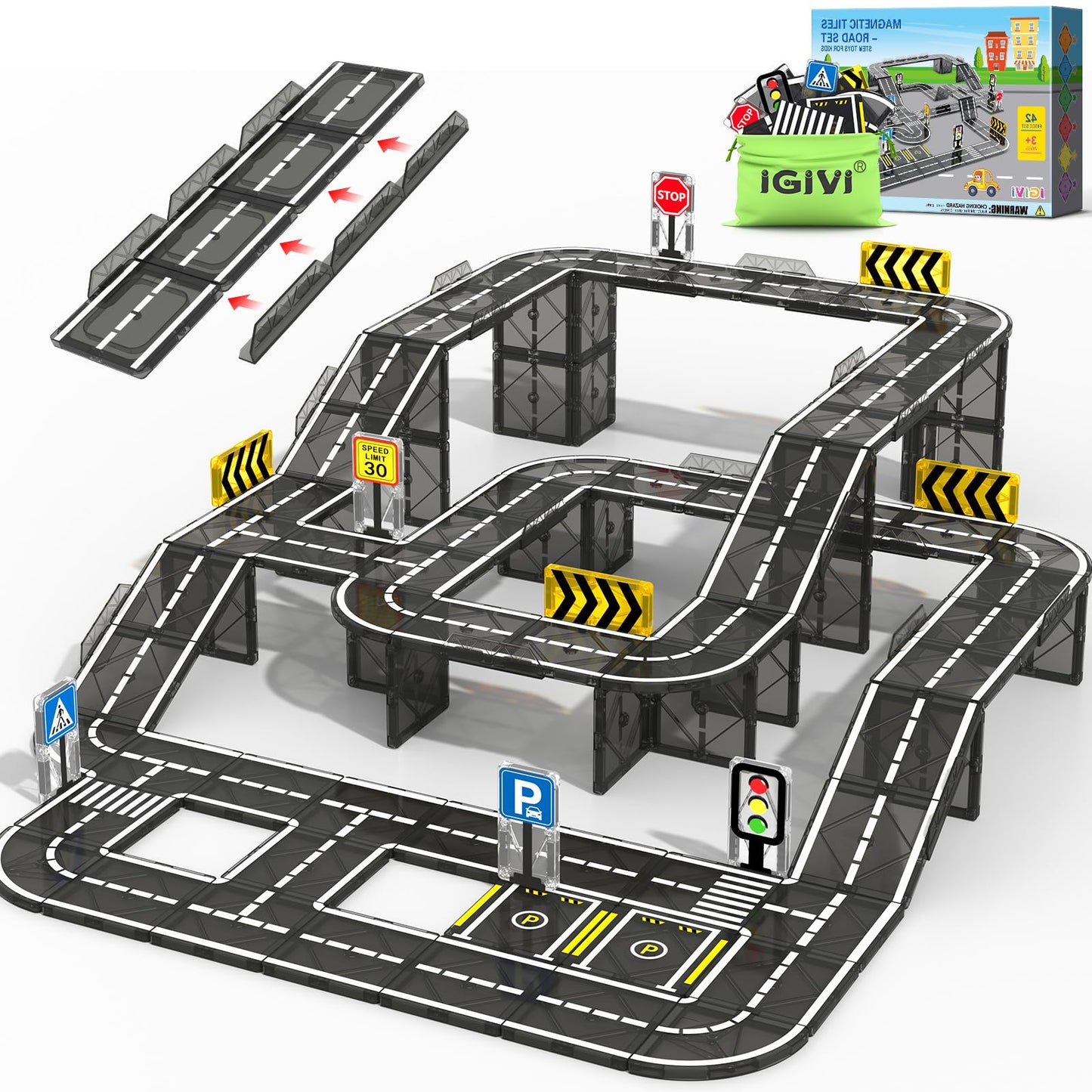 IGIVI Magnetic Tiles Road Expansion Pack, STEM Magnetic Building Blocks for Kids, Educational Montessori Sensory Toys for Kids Ages 3-5 4-8 5-7, Christmas Birthday Gift for 3+ Year Old Boys Girls