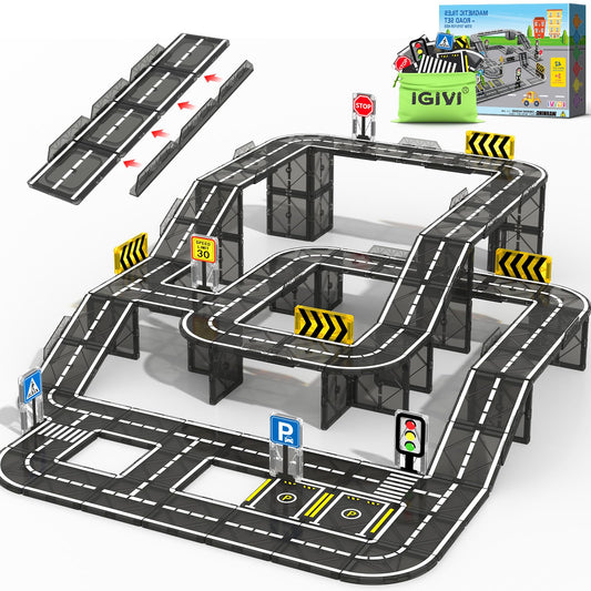 IGIVI Magnetic Tiles Road Expansion Pack, STEM Magnetic Building Blocks for Kids, Educational Montessori Sensory Toys for Kids Ages 3-5 4-8 5-7, Christmas Birthday Gift for 3+ Year Old Boys Girls