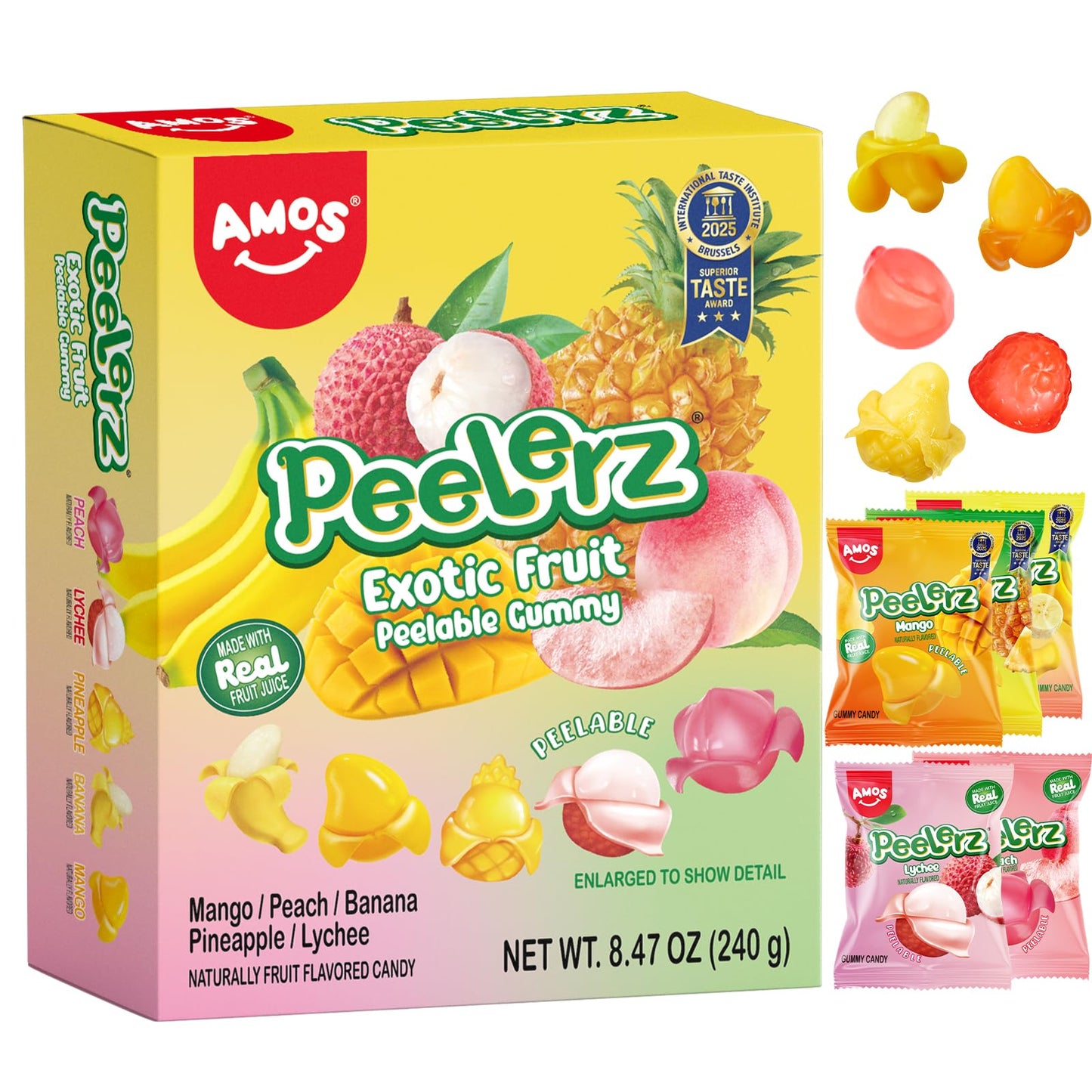 AMOS Peelerz Exotic Fruit Peelable Gummy Candy – 5 Fruit Flavors (Mango, Peach, Banana, Pineapple, Lychee), 8.47oz (240g), Individually Wrapped