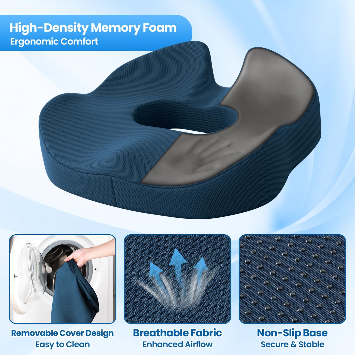 SweetSlubr Large Donut Pillow Seat Cushion for Hemorrhoid Discomfort&Tailbone Pressure, Office Chair Cushion for Long Sitting, Ergonomic Coccyx Pillow for Postpartum Pregnancy, Lifting Cushions, Blue