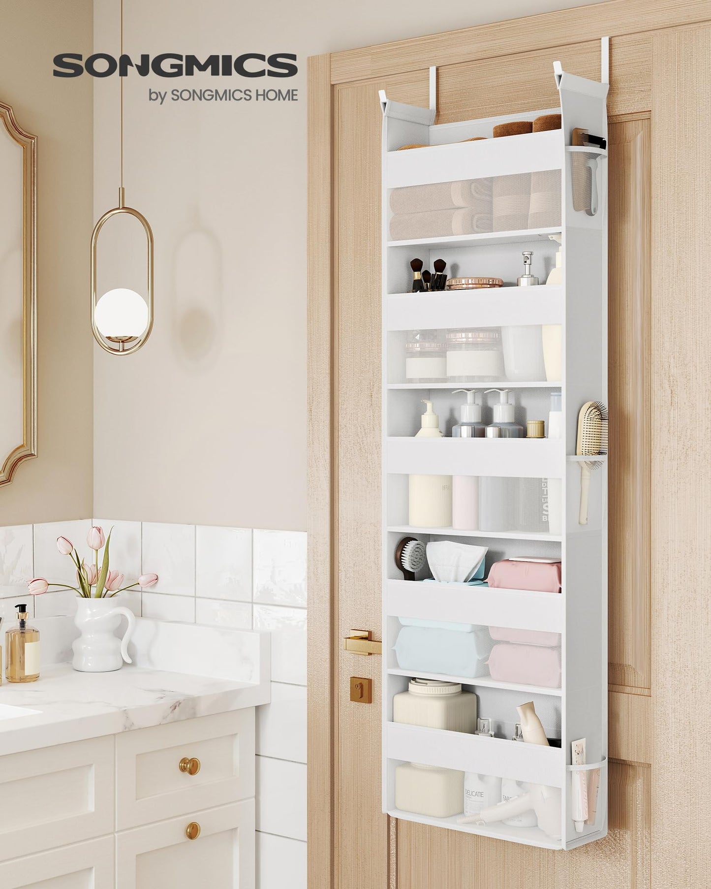 SONGMICS Over The Door Organizer, Hanging Door Organizer with 5 Large Pockets, 5-Tier Fabric Storage, Transparent Nylon Mesh, Foldable, Metal Hooks, with Side Pouches, Cloud White URDH007W01