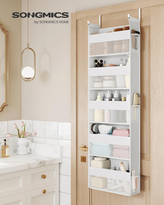 SONGMICS Over The Door Organizer, Hanging Door Organizer with 5 Large Pockets, 5-Tier Fabric Storage, Transparent Nylon Mesh, Foldable, Metal Hooks, with Side Pouches, Cloud White URDH007W01