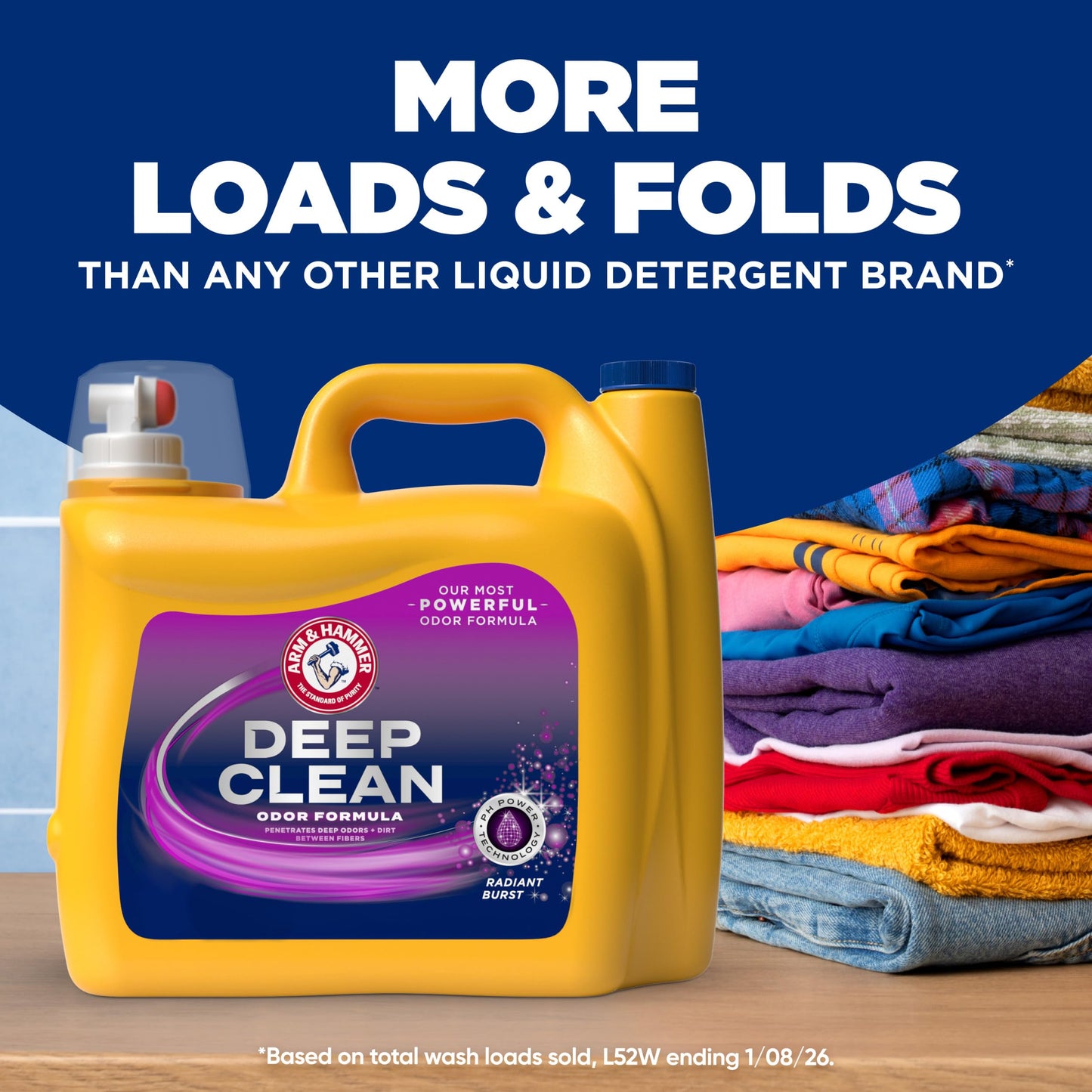 ARM & HAMMER Deep Clean Odor Formula Liquid Laundry Detergent, Radiant Burst Scent, 150 Fl Oz, 100 Loads