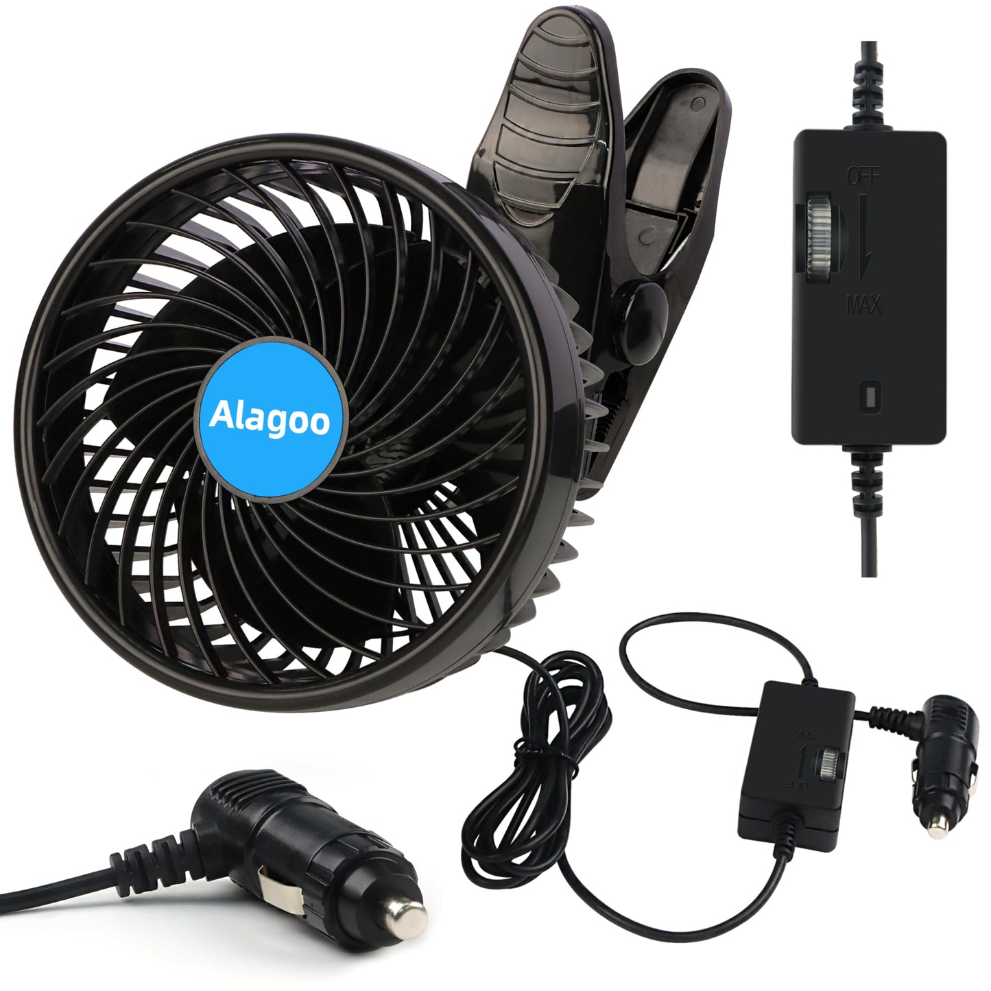Alagoo Car Fan 6'' 12V Cool Gadgets Clip Fan for Front Rear Seat Passenger Portable Electric Air Fresh Fan with Cigarette Lighter Plug for Cars/Vehicle SUV, RV