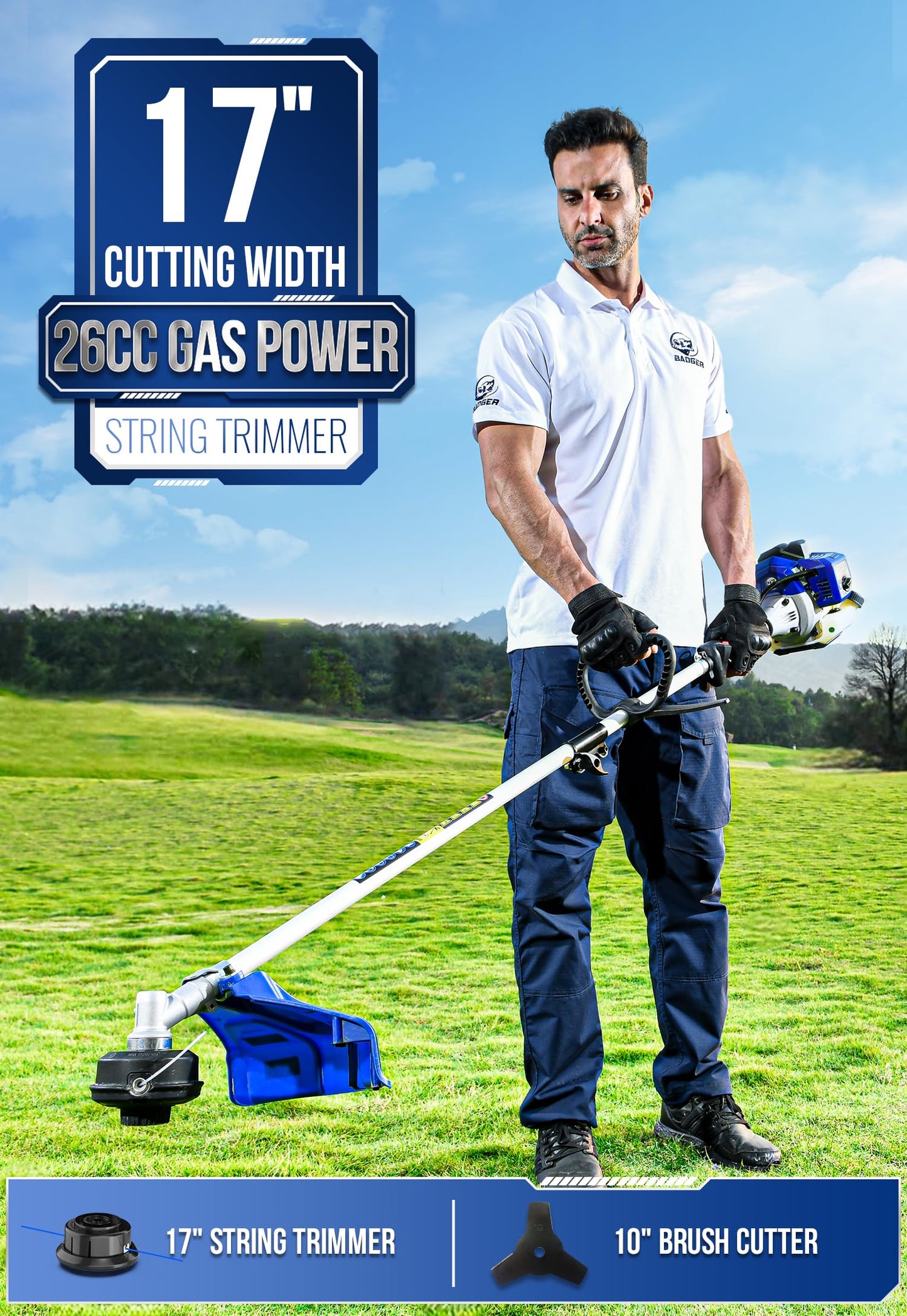 Wild Badger Power 26cc Gas Powered Weed Wacker Upgraded Gen 2, 3-in-1 String Trimmer/Edger 17" with 10" Brush Cutter, 1 Extra Trimmer Line Included, Full Crank Engine, Shoulder Strap