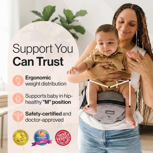 Tushbaby Original Hip Seat Baby Carrier for Babies & Toddlers up to 45 lbs, Safety Certified, Lightweight No-Foam Design with Storage, Grey