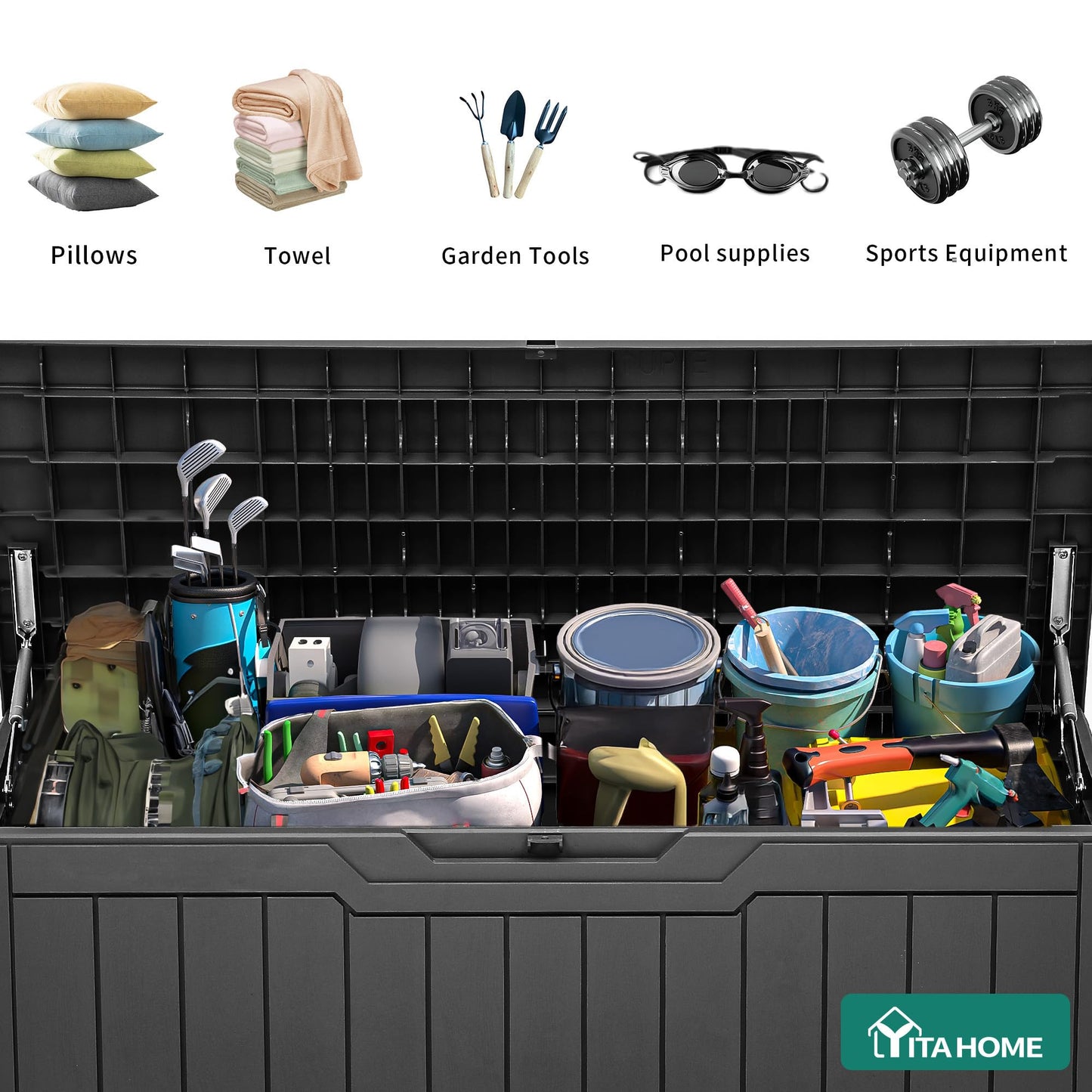 YITAHOME 80 Gallon Resin Deck Box, Weather Resistant Outdoor Storage Box, Lockable Indoor Outdoor Storage for Supplies and Essentials, Dark Gray