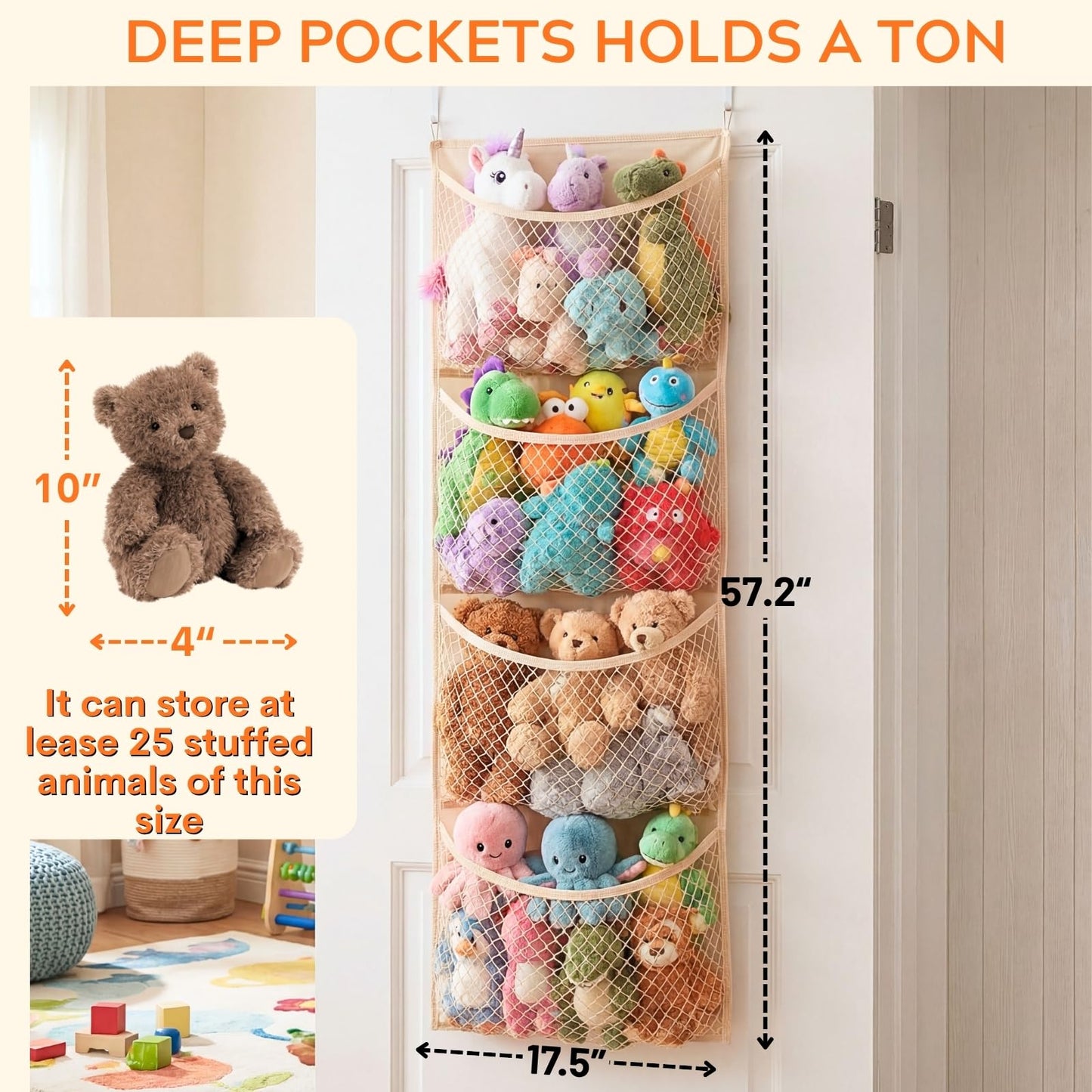 Over The Door Stuffed Animal Storage, Cotton Toy Organizer for Storage Plush Toys,Baby Supplies, Stuffed Animal Holder with 4 Large Pockets, Hanging Door Organizer for Nursery, Bedroom, Kids Room