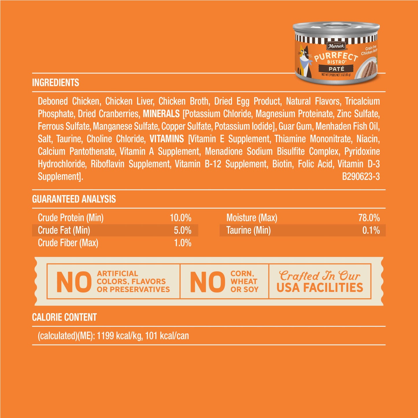 Merrick Purrfect Bistro Grain Free Premium Soft Canned Pate Adult Wet Cat Food, High Protein Chicken Recipe - (Pack of 24) 3 oz. Cans