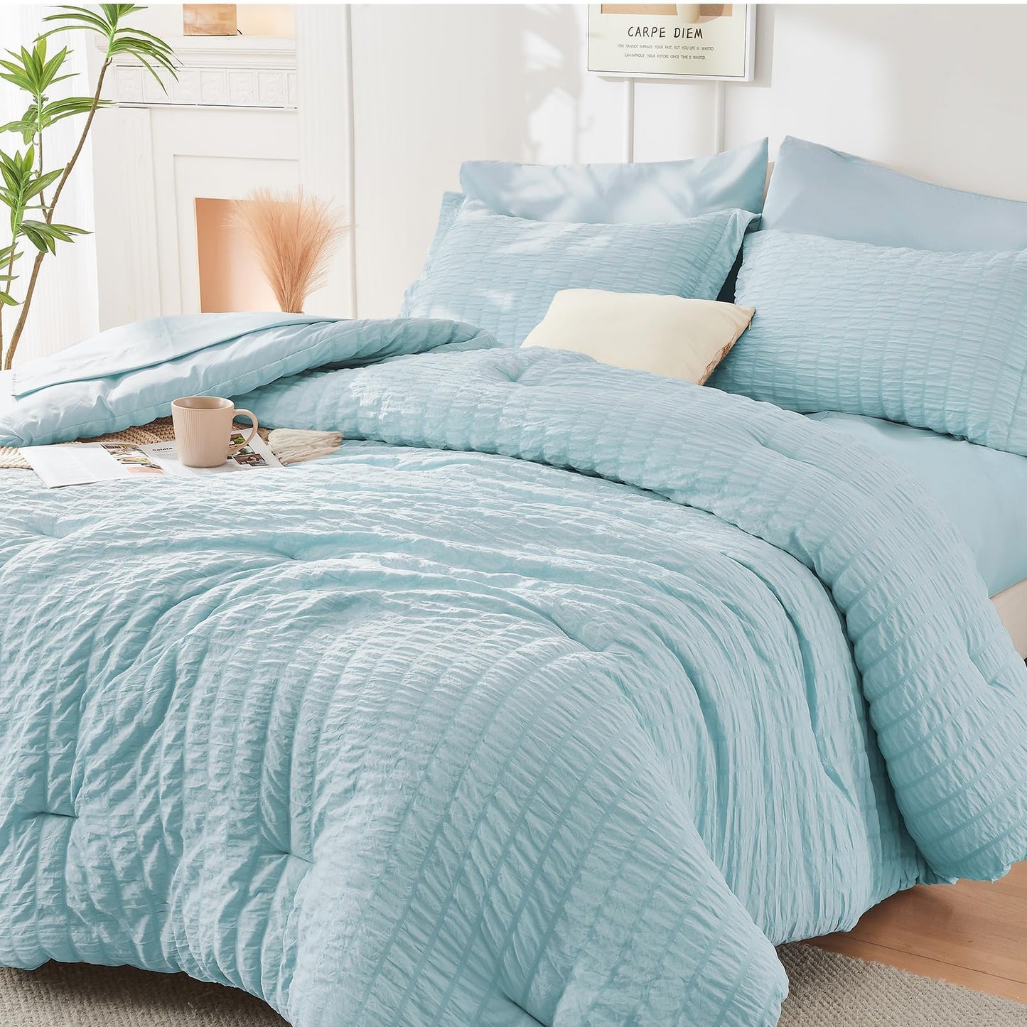 HYMOKEGE Black California King Comforter Set Seersucker 7 Pieces, All Season Luxury Bed in a Bag for Bedroom, Bedding Set with Comforters, Sheets, Pillowcases & Shams
