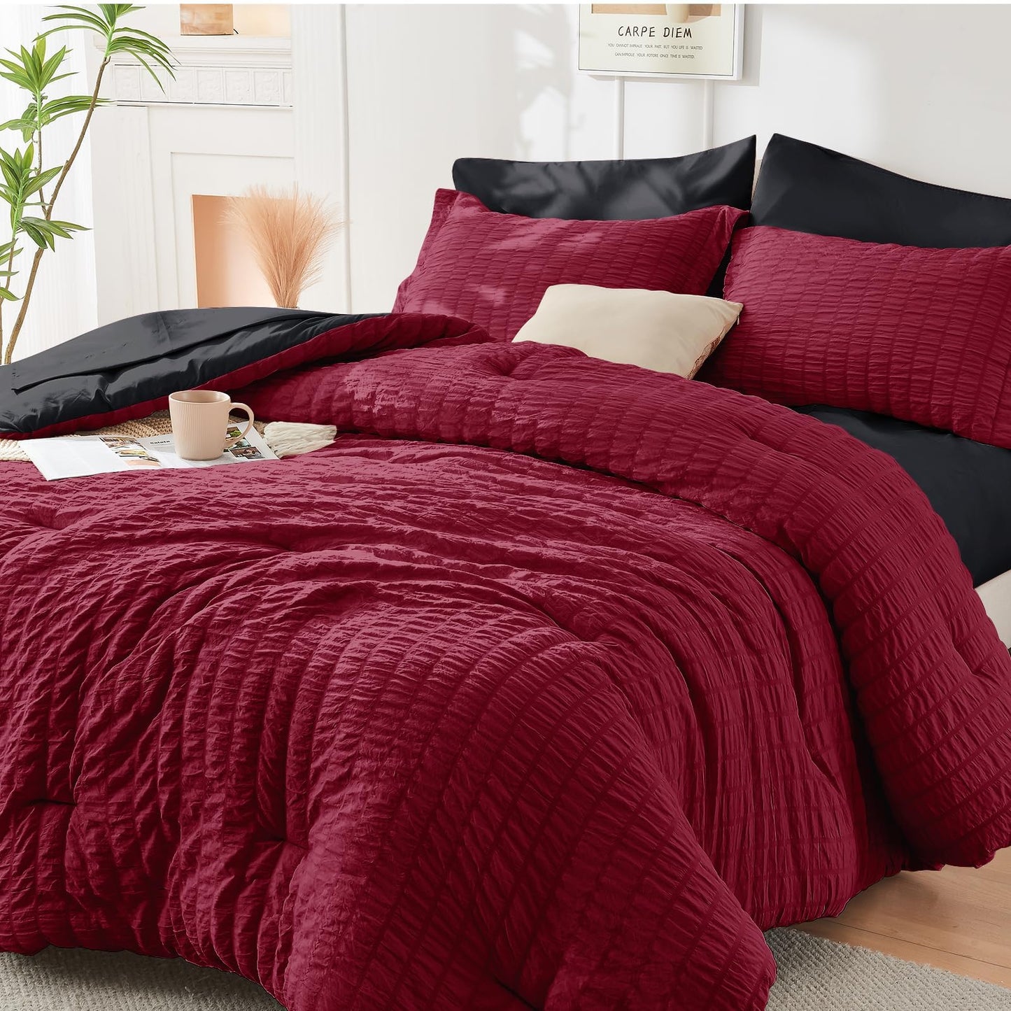 HYMOKEGE Black California King Comforter Set Seersucker 7 Pieces, All Season Luxury Bed in a Bag for Bedroom, Bedding Set with Comforters, Sheets, Pillowcases & Shams