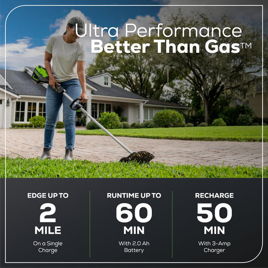 Greenworks 60V 8" Brushless Cordless Edger with 2.0Ah Battery & Charger – Tool-Free Depth Adjustment, Lightweight Lawn Edging Tool, 4-Year Warranty