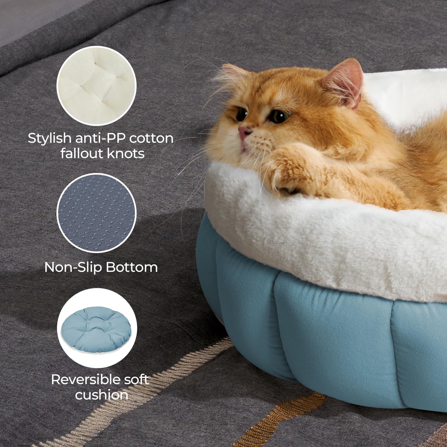 BALANCE Cat Beds for Indoor Cats, Washable Round Cat Bed, Cute Kitten Bed with Anti-Slip Bottom for Kitty and Puppy, 18 Inches, Dream Blue
