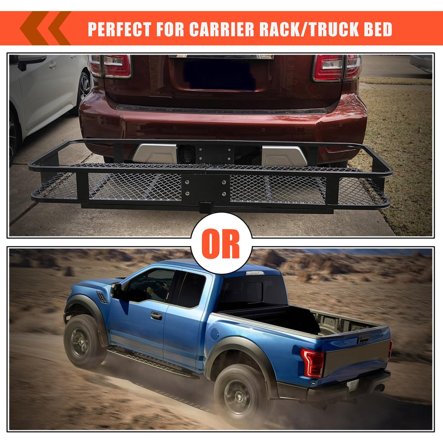 MeeFar Hitch Mount Cargo Carrier Bag Soft Shell 100% Waterproof 16 Cubic Feet (58" 24" 19") Include 8 Reinforced Straps for Truck Pickup All Vehicle with Steel Cargo Basket