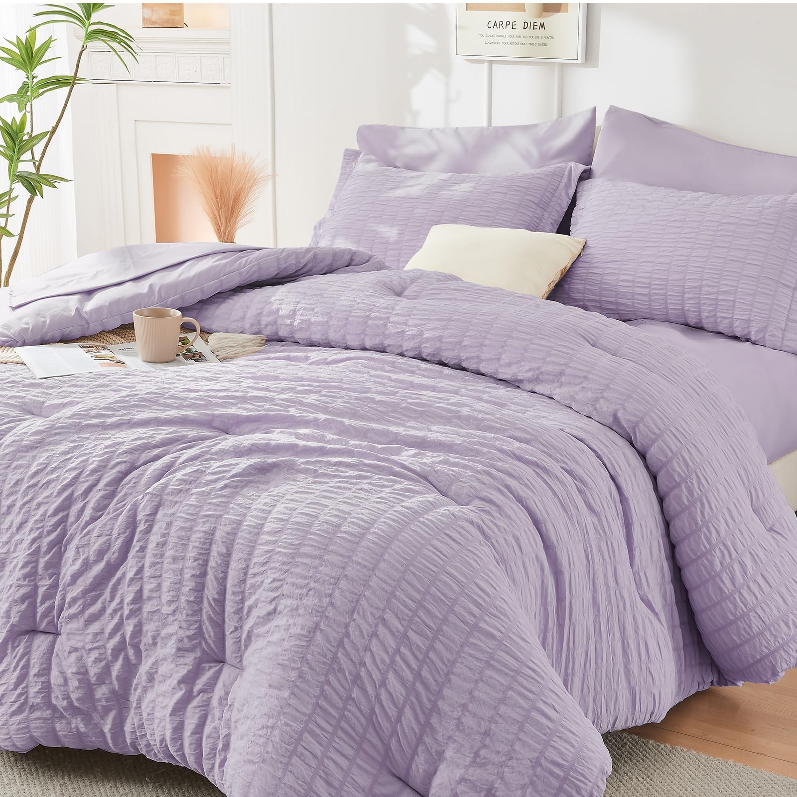 HYMOKEGE Black California King Comforter Set Seersucker 7 Pieces, All Season Luxury Bed in a Bag for Bedroom, Bedding Set with Comforters, Sheets, Pillowcases & Shams