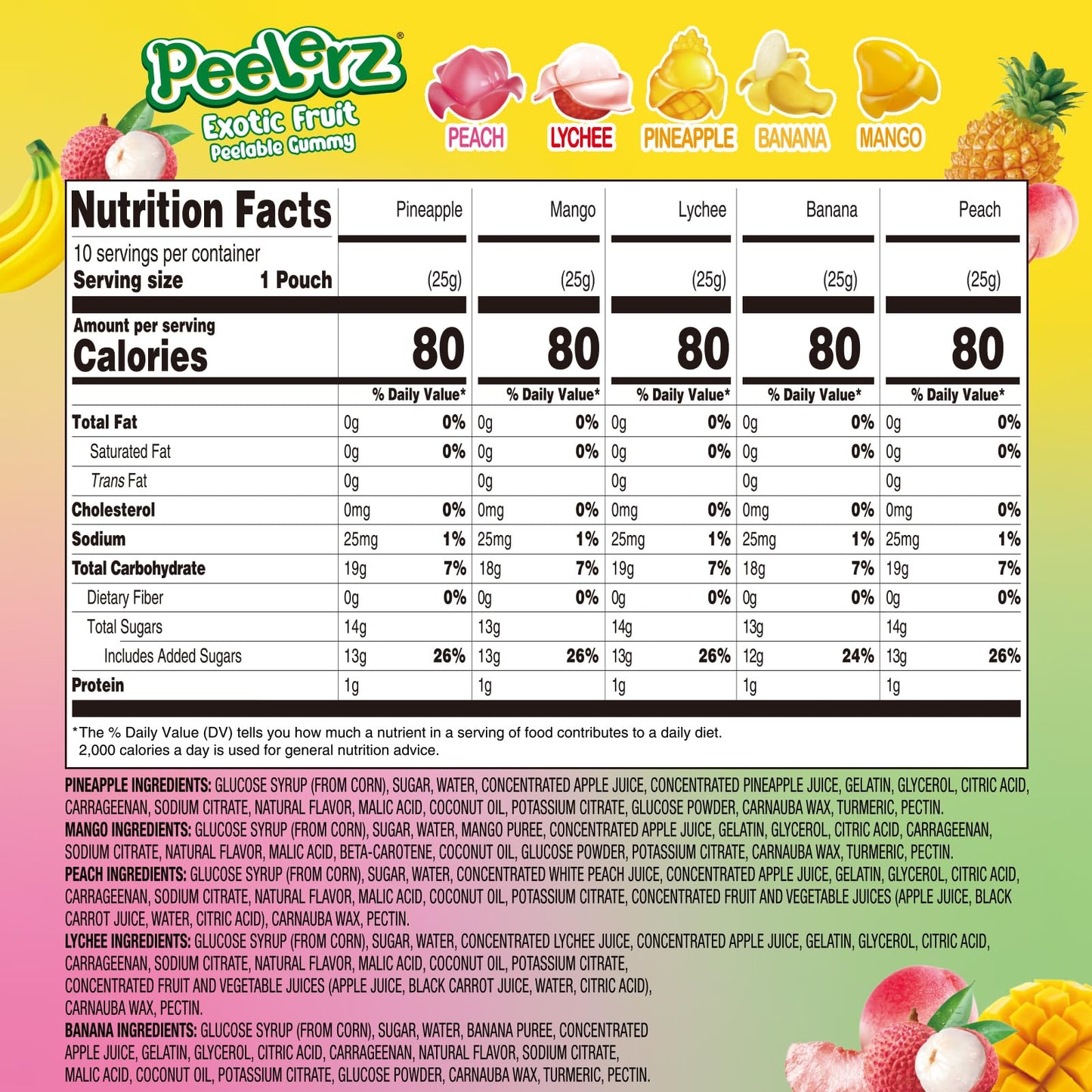 AMOS Peelerz Exotic Fruit Peelable Gummy Candy – 5 Fruit Flavors (Mango, Peach, Banana, Pineapple, Lychee), 8.47oz (240g), Individually Wrapped