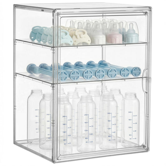 HBlife Baby Bottle Storage Organizer for Countertop Cabinet, 3 Tiers Adjustable Clear Acrylic Bottles Storage Station Case Box Container with 2 Removable Dividers and Magnetic Door, X-Large