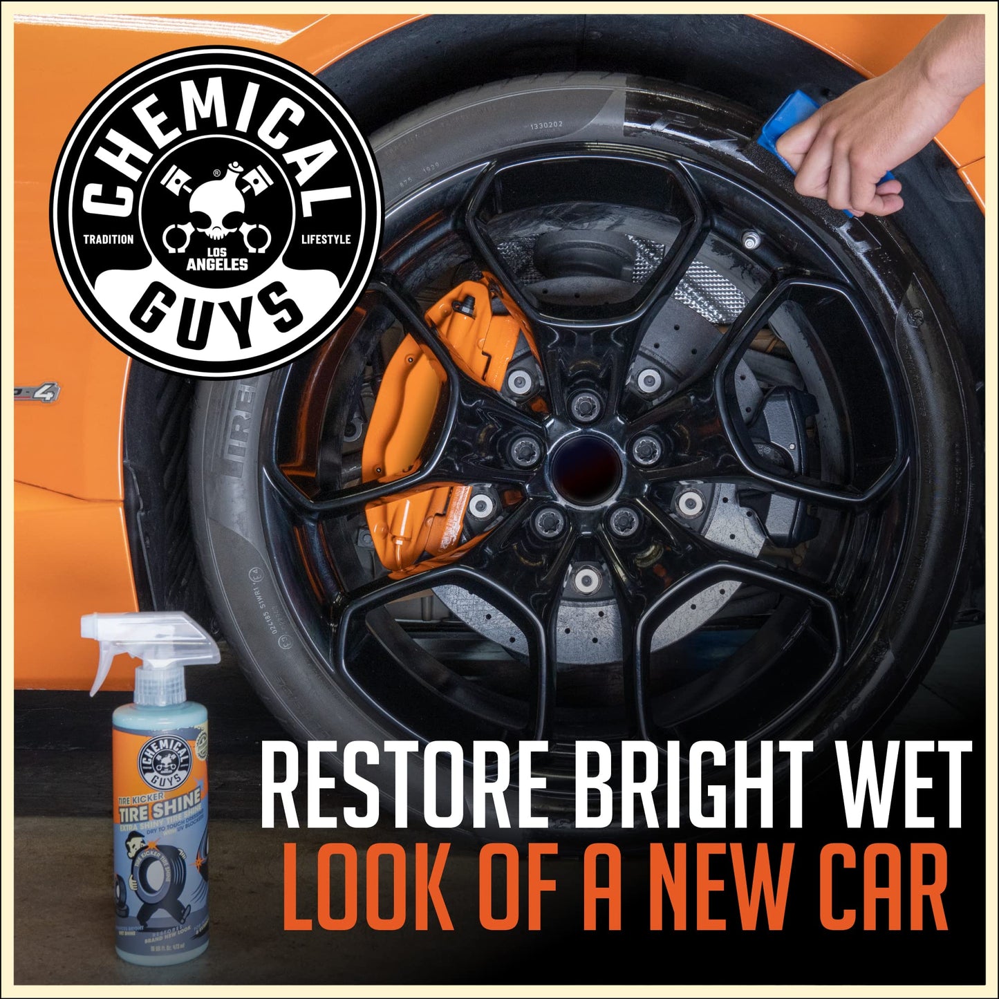 Chemical Guys Tire Kicker Sprayable Extra Glossy Tire Shine Spray, Dry-to-Touch Dressing - Restores Wet Look to Rubber, Vinyl, and Plastic, Safe for Cars, Trucks, Motorcycles, RVs, and More - 128 oz