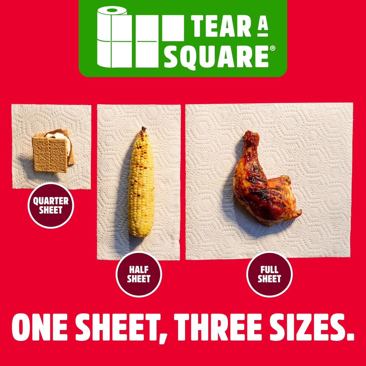 Brawny Tear-A-Square 3-Ply Paper Towels, 12 XL Family Rolls = 30 Regular Rolls, Strong, Absorbent, and Durable with 3 Sheet Sizes (Quarter, Half, Full)