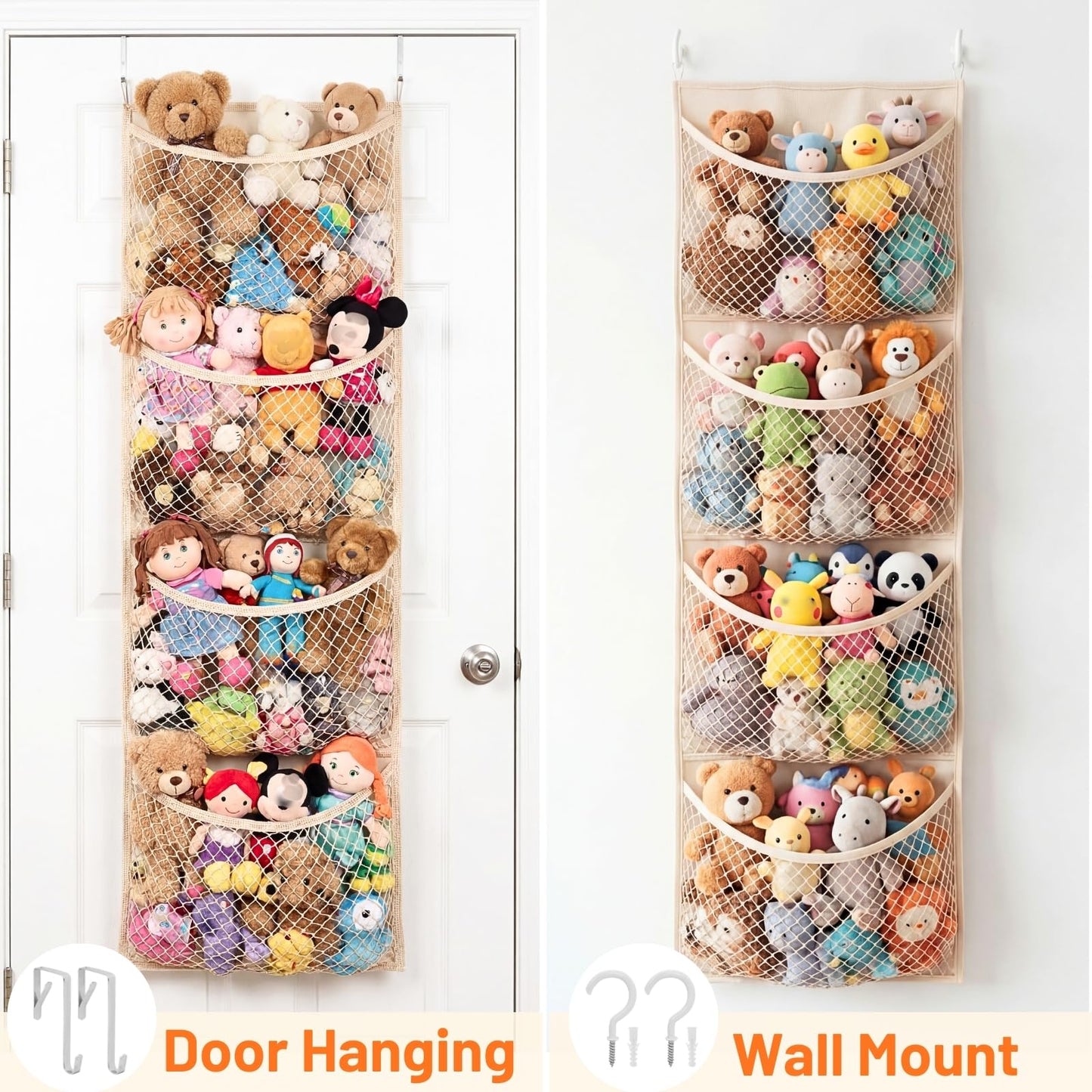 Over The Door Stuffed Animal Storage, Cotton Toy Organizer for Storage Plush Toys,Baby Supplies, Stuffed Animal Holder with 4 Large Pockets, Hanging Door Organizer for Nursery, Bedroom, Kids Room