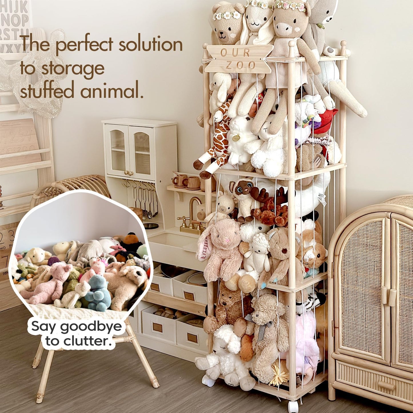 Mloong Stuffed Animal Storage, Wood Stuffed Animal Zoo Storage,Space Save Toy Organizer, Extra Large Capacity Plush Toy Cage,Stuffed Animal Holder,Gift for Nursery Playroom Kidroom Bedroom-54 inch