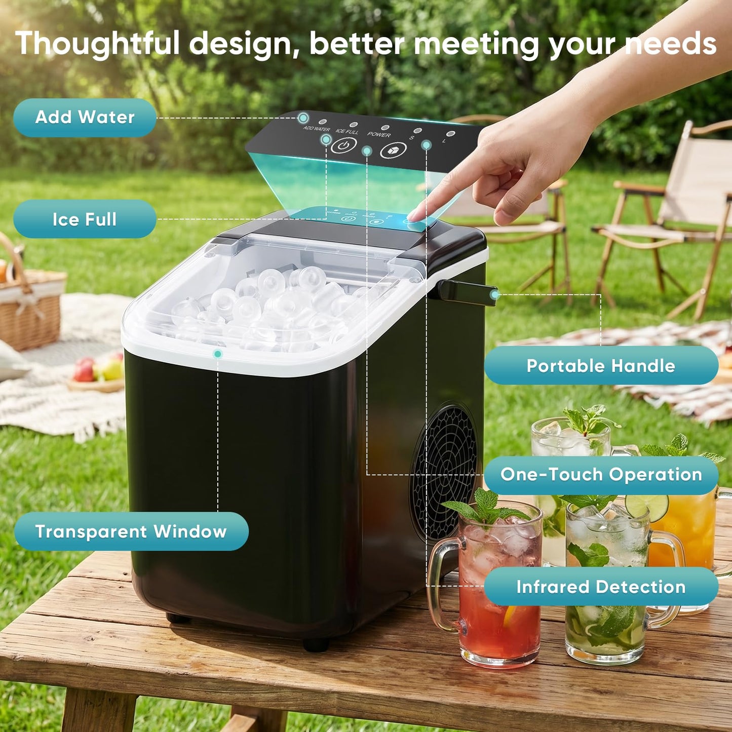 DUMOS Ice Maker Countertop, Ice Machine with Portable Handle, Basket and Scoop, 26lbs Daily, 9 Bullet Cubes in 6~8 Mins, Auto-Cleaning for Home, Kitchen, Office, Outdoors, RV Camping