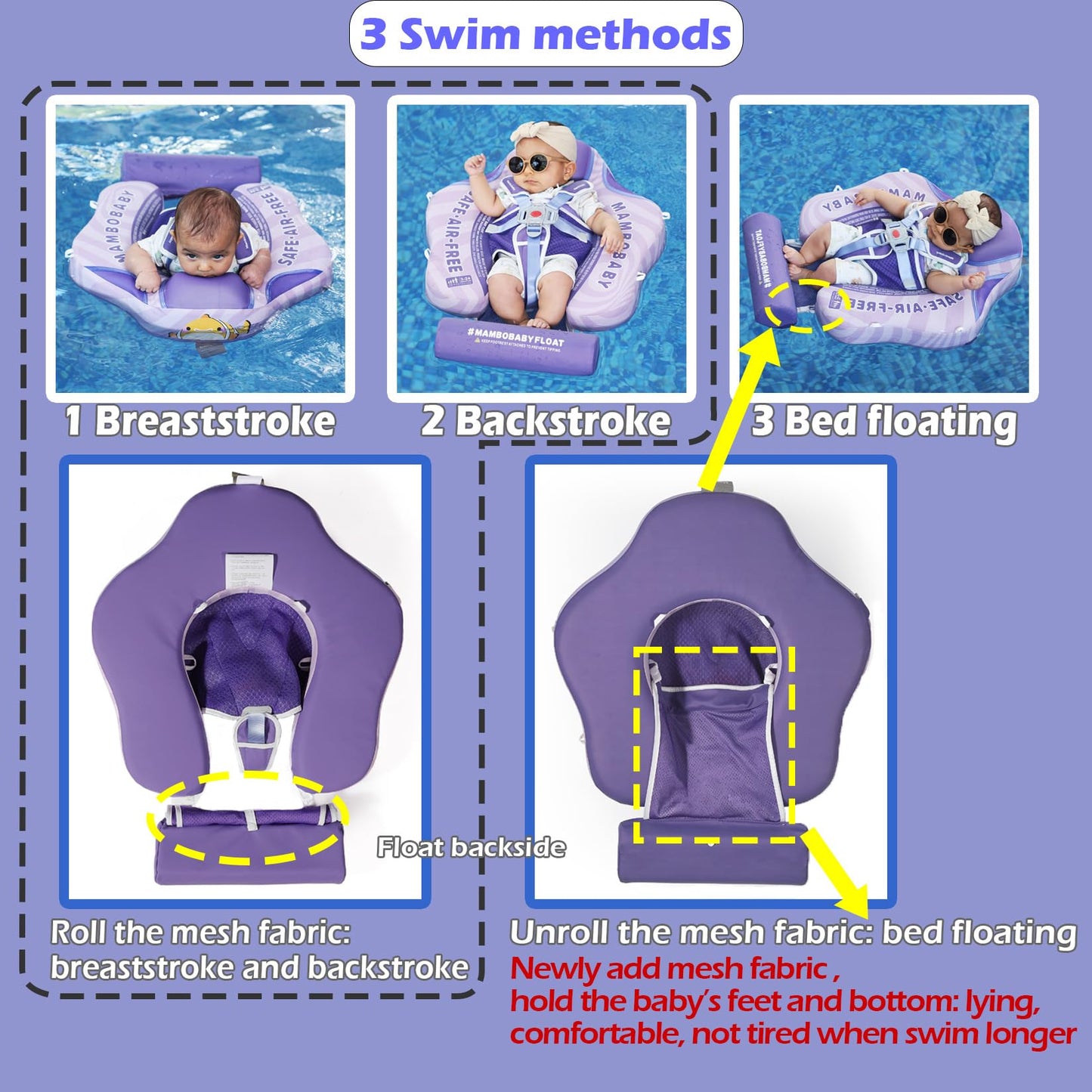Mambobaby Float with Canopy Size Improved Non Inflatable Infant Pool Float Smart Mambo Float Swim Trainer Add Tail Baby Swim Float Mambo Baby Float Solid Air Free Water Waist Swimming Ring