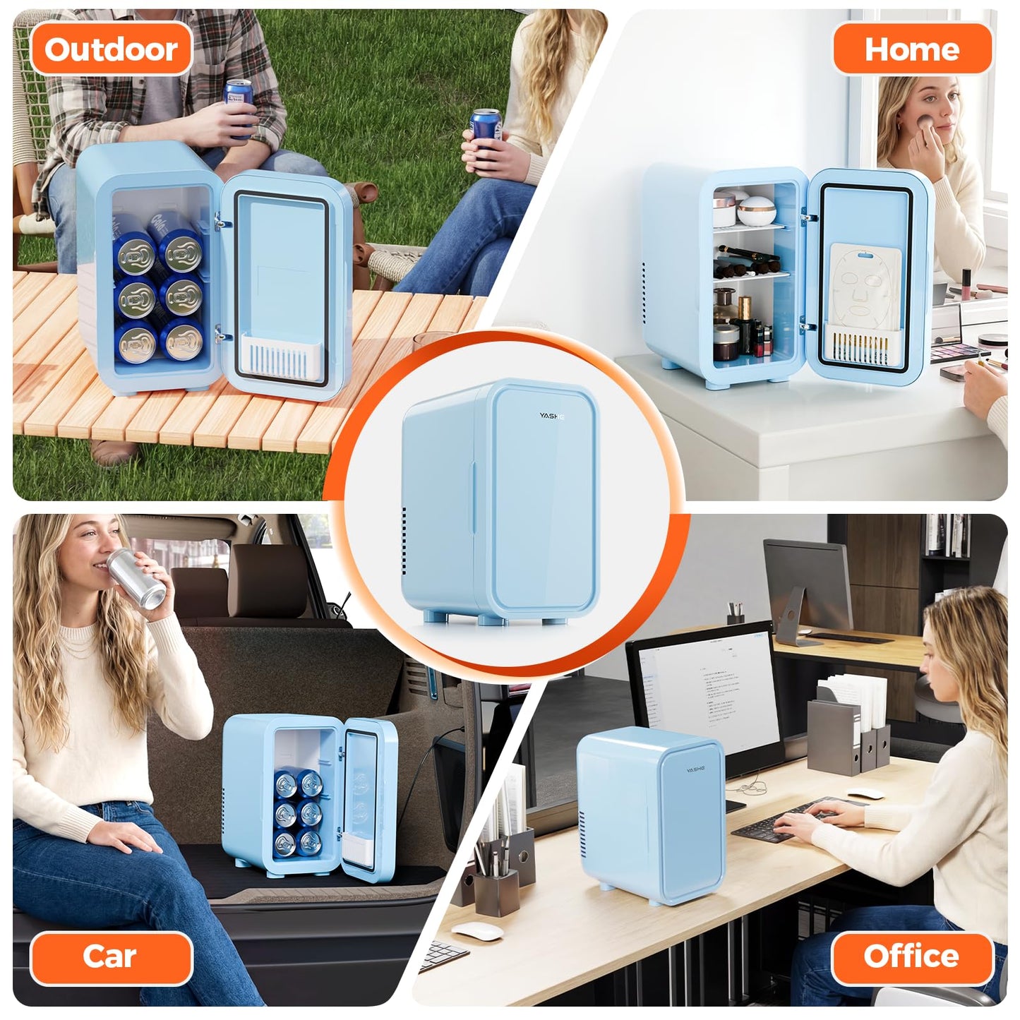 YASHE Mini Fridge, 6 Liter/8 Can 110V AC/DC Portable Thermoelectric Cooler Refrigerators for Bedroom, Skincare, Beverage, Office, Dorm Room and Car, Blue