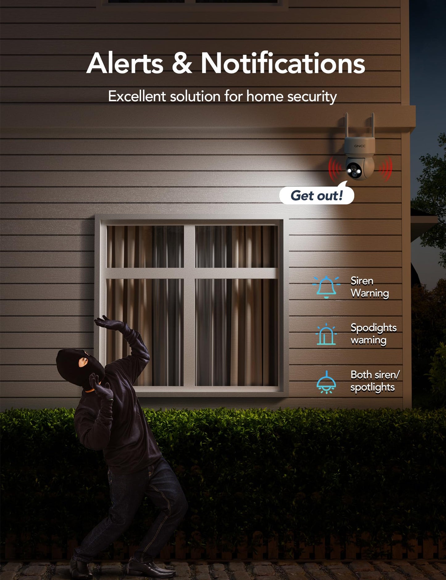 GNCC Solar Security Cameras Wireless Outdoor 2.4G WiFi, 360° View, Solar/Battery Powered, AI Human Detection, Color Night Vision, 2-Way Audio, Spotlight Siren Alarm, IP65 Waterproof, SD/Cloud Storage