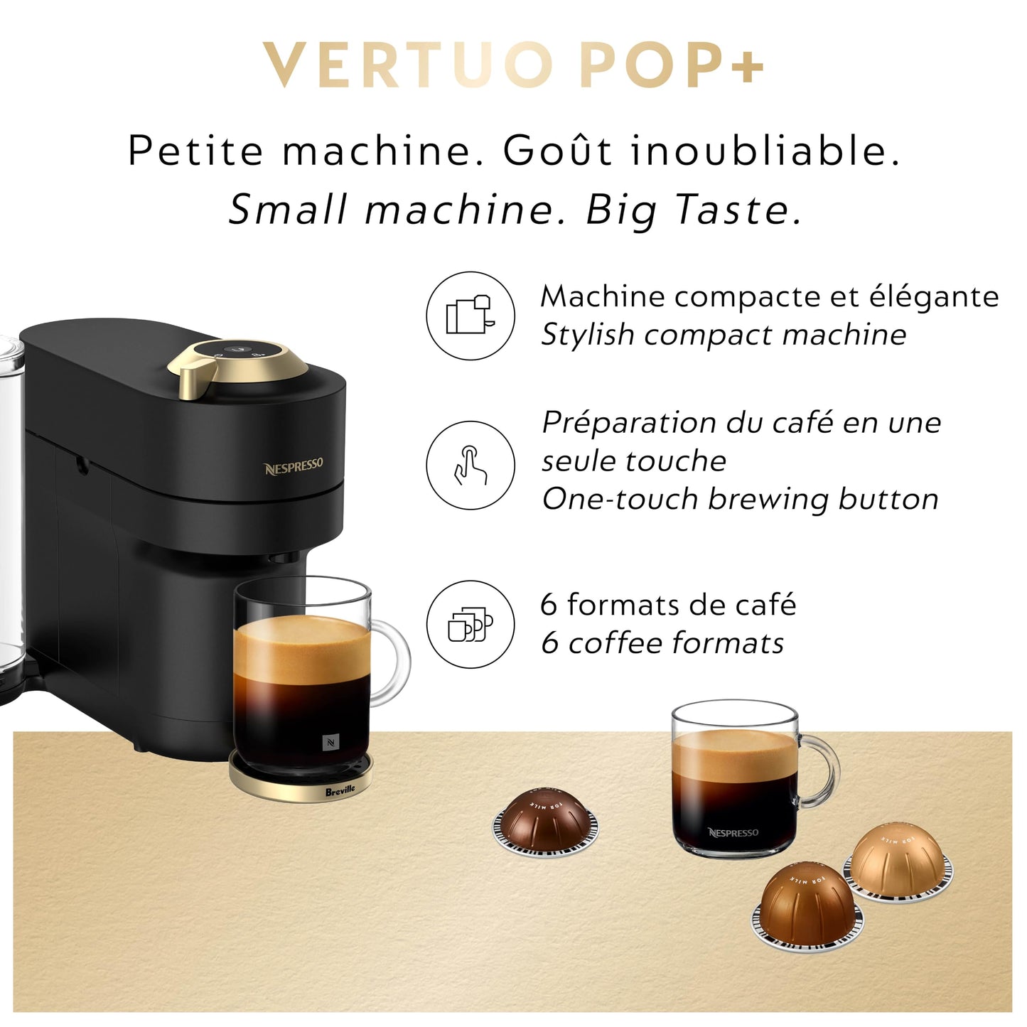 Nespresso Vertuo Pop+ Coffee and Espresso Maker by Breville, Matte Black Gold