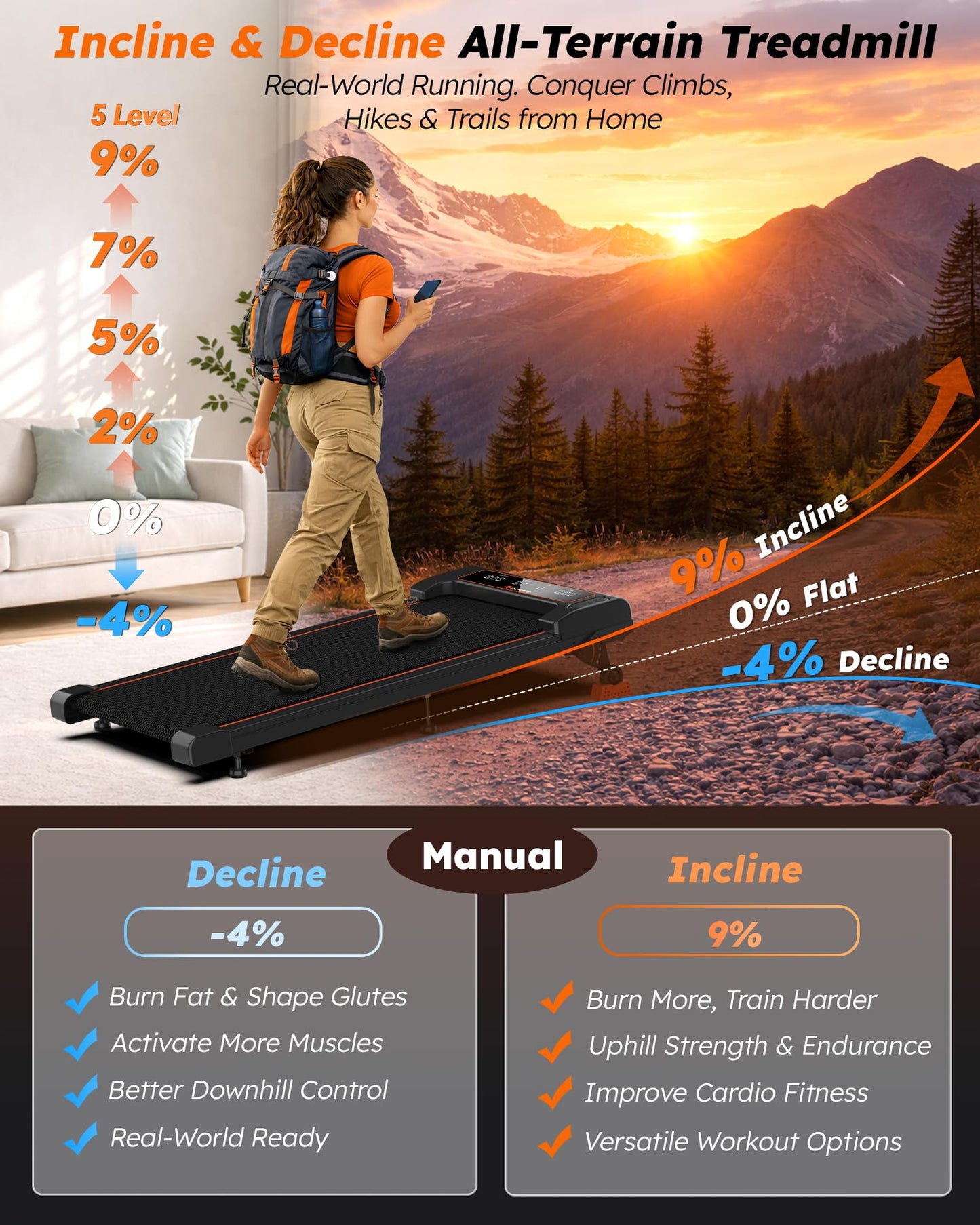 Walking Pad Treadmill with Incline 9% & Decline -4% Under Desk for Home and Office, Quiet BLDC EvoDrive, Full Metrics Large Display, NeoFloat Quad Cushioning, Portable Compact for Small Spaces Red