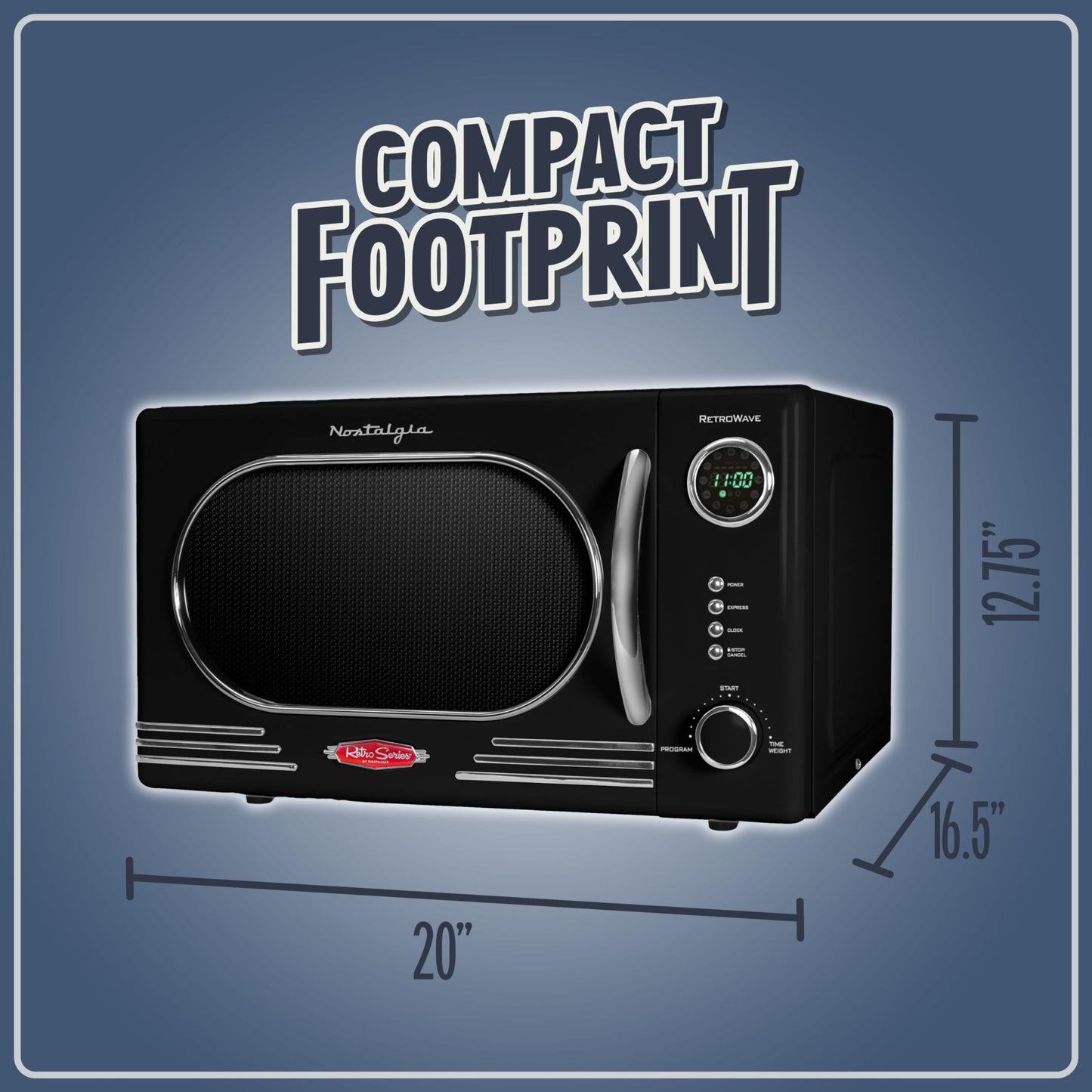 Nostalgia NRMO11BK6A 1000 Watt Power Retro Countertop Microwave Oven Easy to Clean with Removable Glass Turntable-Child Safety Lock-12 Programs-Digital Clock, 1.1 Cu Ft, Black