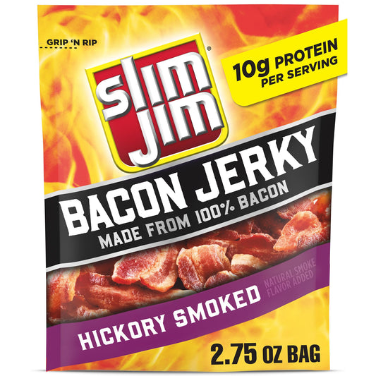 Slim Jim Smoked Bacon Jerky, Hickory Flavor, 10g Protein Per Serving, Father's Day Jerky Gift, 2.75 oz. (1 Count)