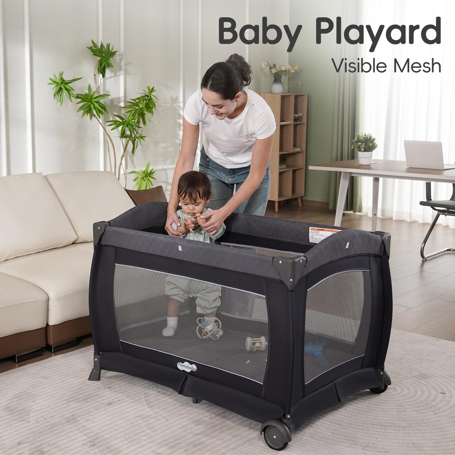 Pamo Babe Pack and Play 4-in-1 Baby Playard with Bassinet & Changing Table, Foldable Portable Playpen with Mattress, Nursery Center for Newborn to Toddler 0-36M-Grey